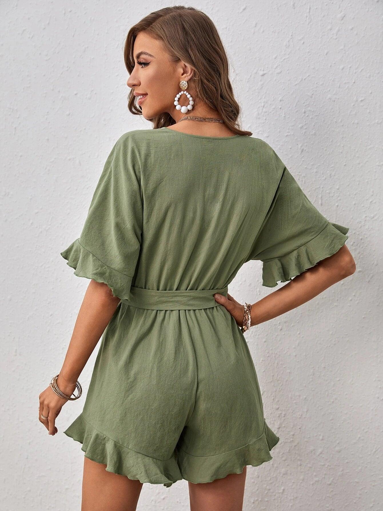 Flounce Sleeve Ruffle Hem Belted Romper-Comfy Jumpsuits