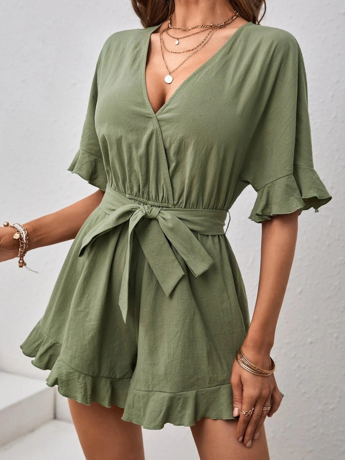 Flounce Sleeve Ruffle Hem Belted Romper-Comfy Jumpsuits