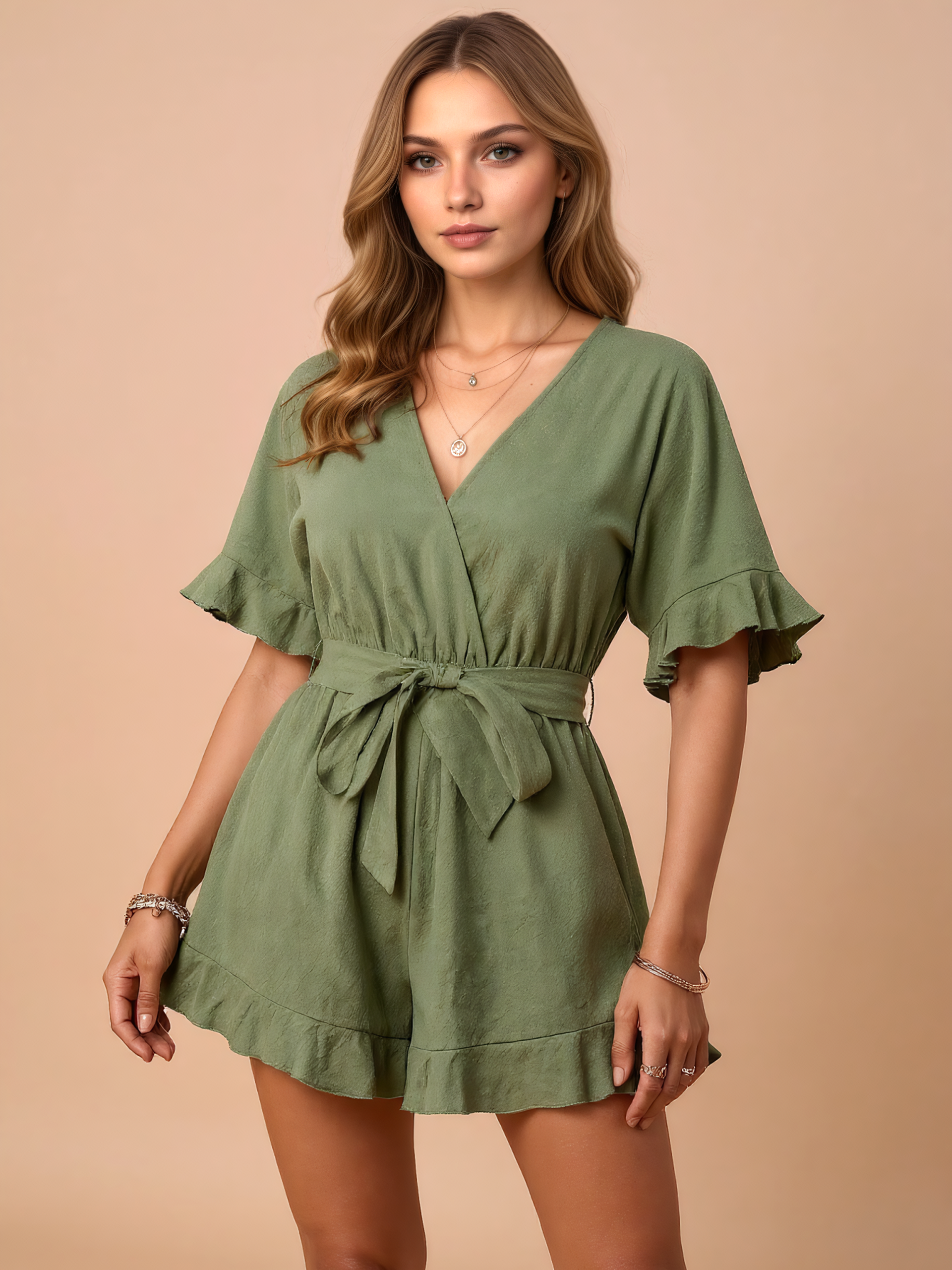 Waist Tie Romper With Ruffle Sleeves
