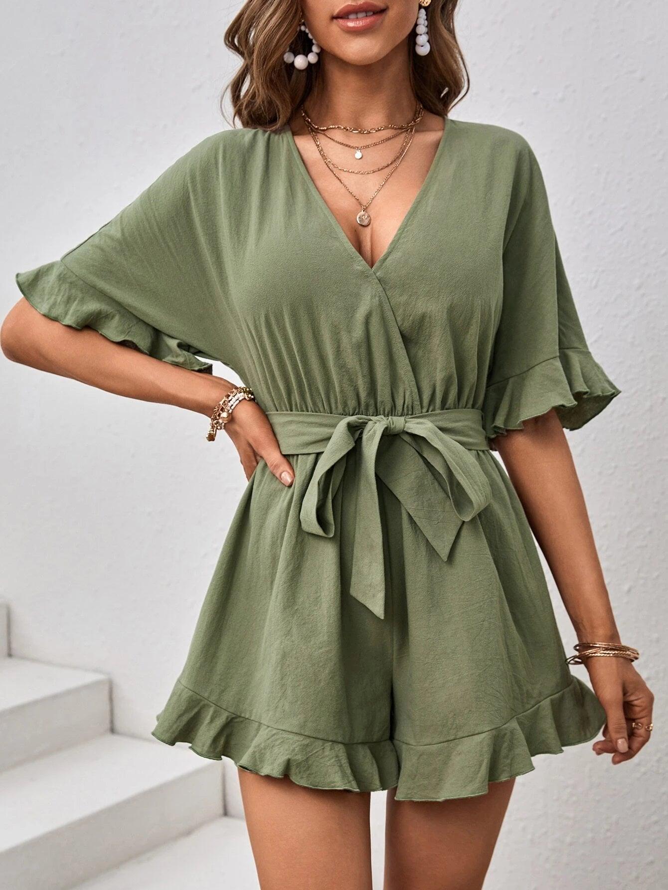Flounce Sleeve Ruffle Hem Belted Romper-Comfy Jumpsuits