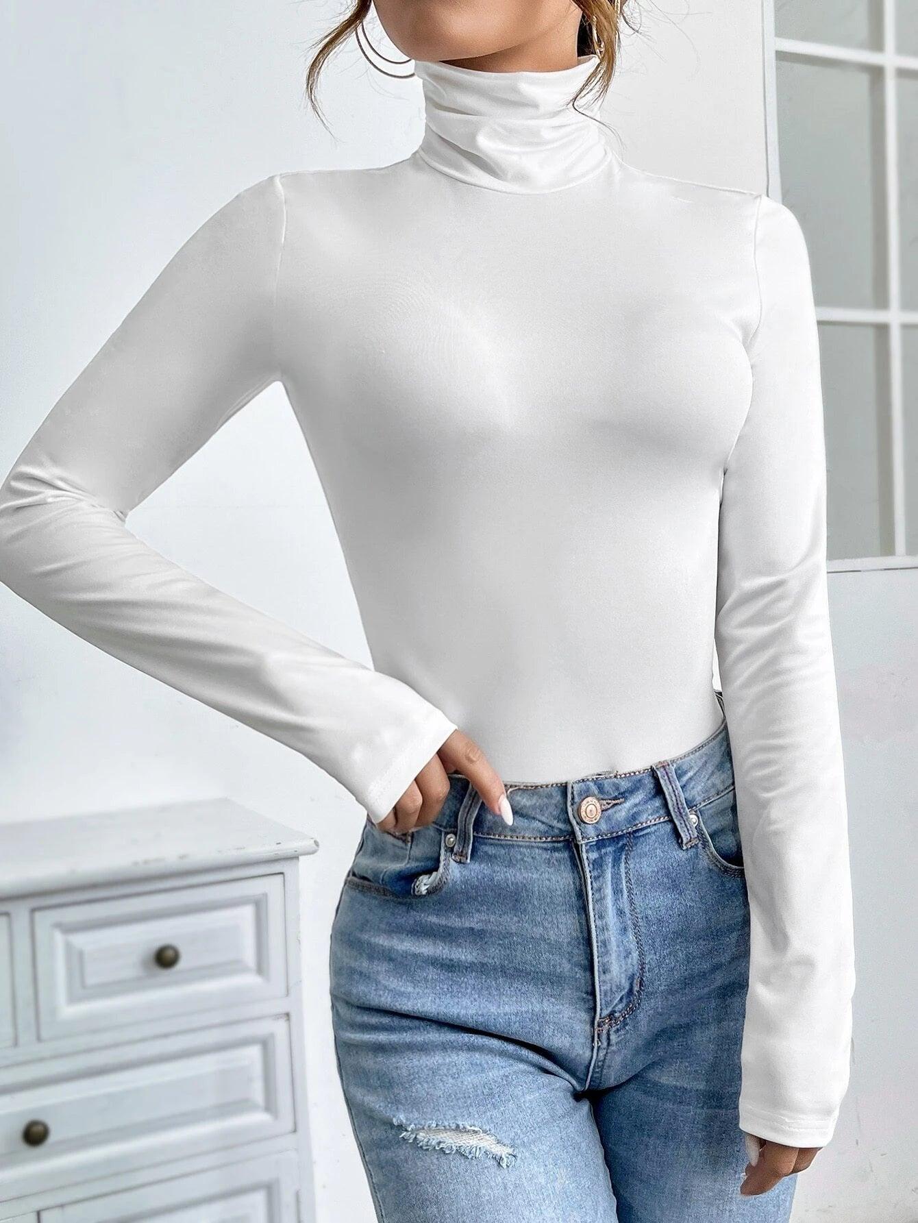 Tall Solid High Neck Slim Fit Tee Bodysuit-Comfy Jumpsuits