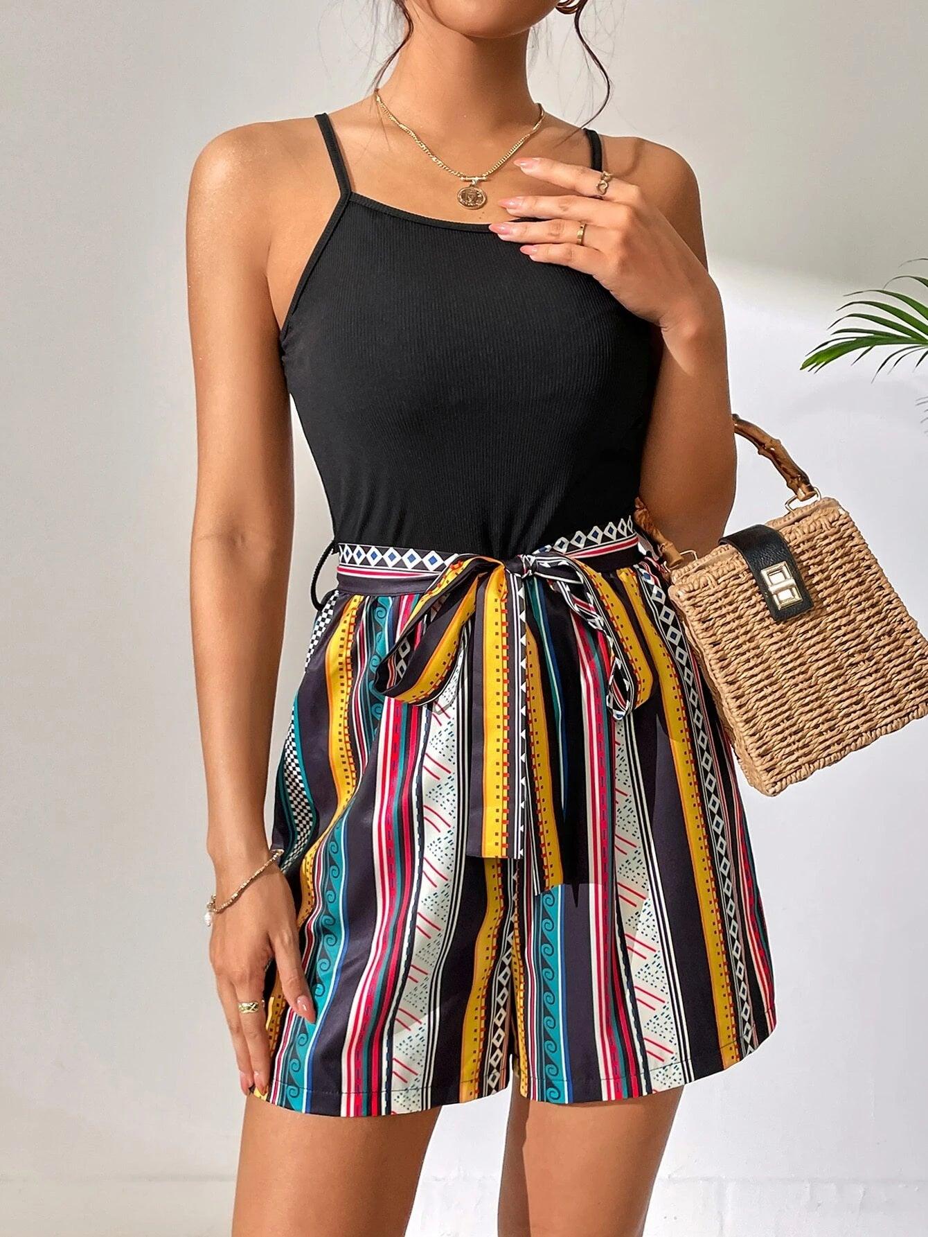 High Waist Belted Short Cami Romper-Comfy Jumpsuits