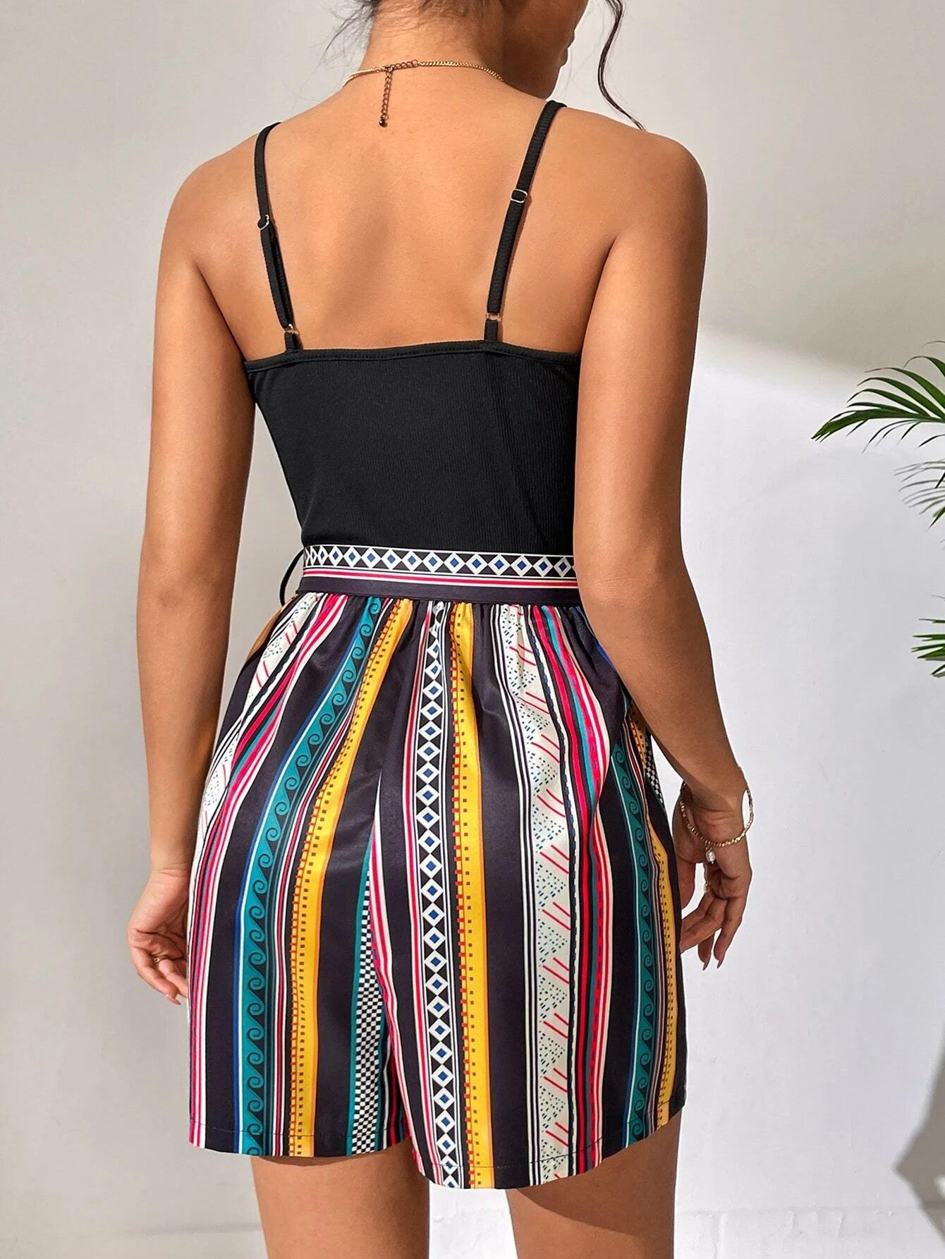 High Waist Belted Short Cami Romper-Comfy Jumpsuits