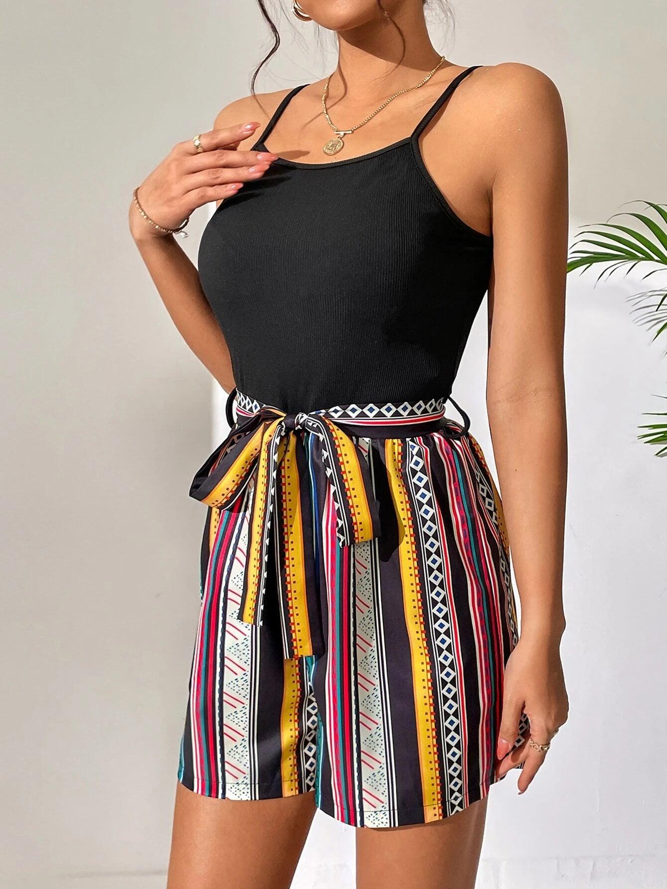 High Waist Belted Short Cami Romper-Comfy Jumpsuits