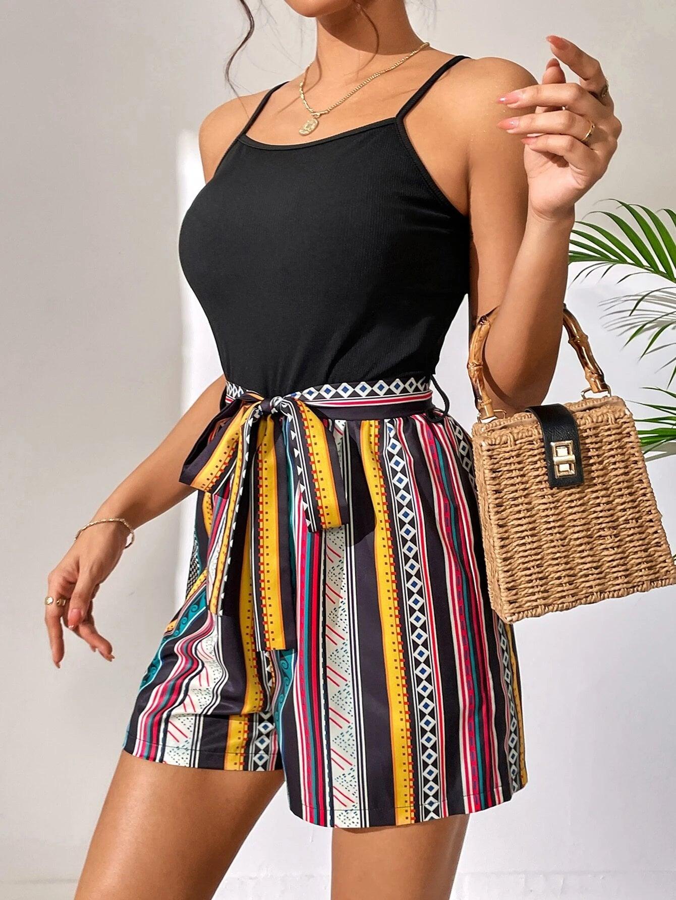 High Waist Belted Short Cami Romper-Comfy Jumpsuits