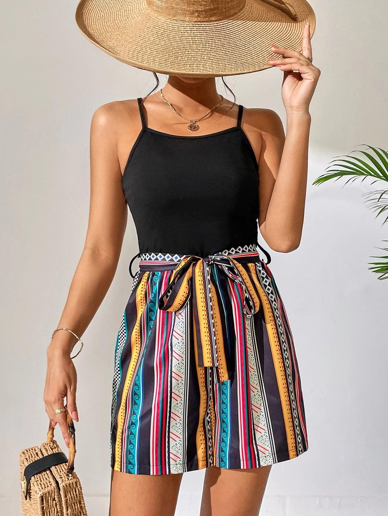 High Waist Belted Short Cami Romper-Comfy Jumpsuits