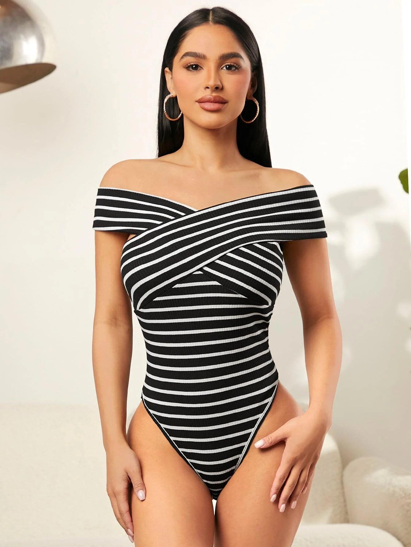 Printed Off Shoulder Bodysuit-Comfy Jumpsuits