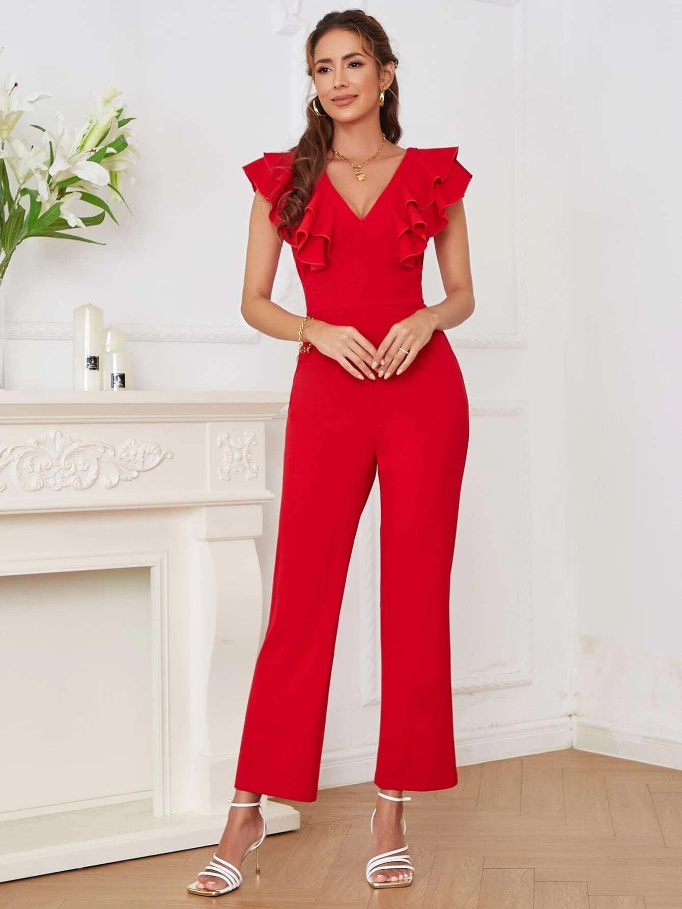 V-Neck Butterfly Sleeve Jumpsuit-Comfy Jumpsuits