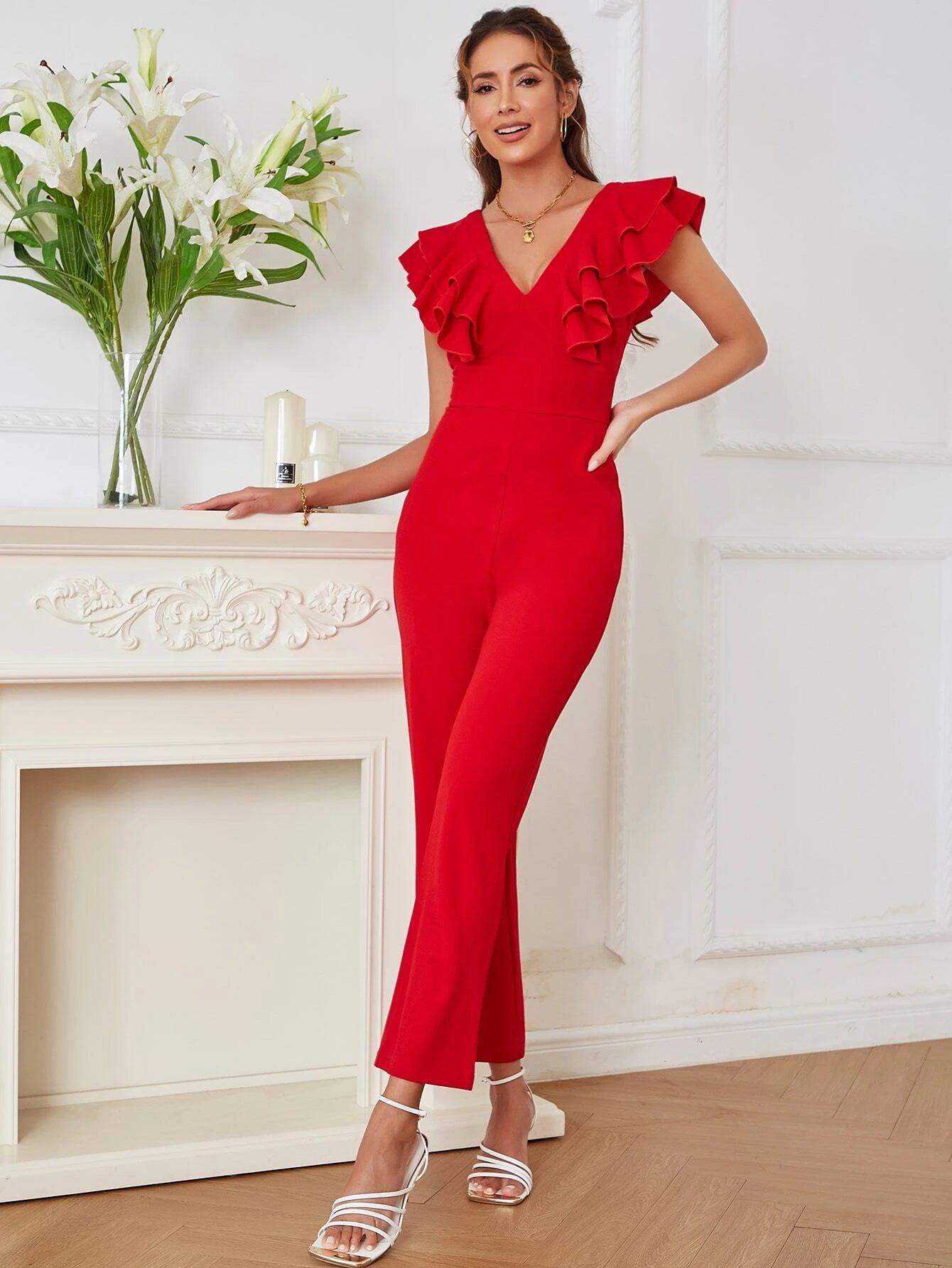 V-Neck Butterfly Sleeve Jumpsuit-Comfy Jumpsuits