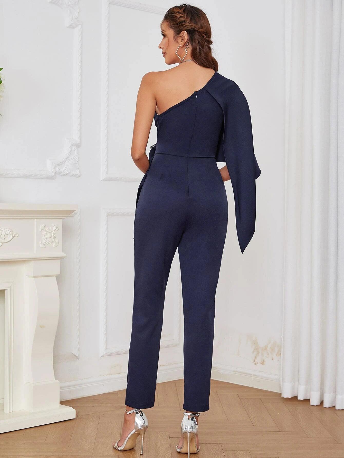 One Shoulder Cloak Sleeve Buckled Side Jumpsuit-Comfy Jumpsuits