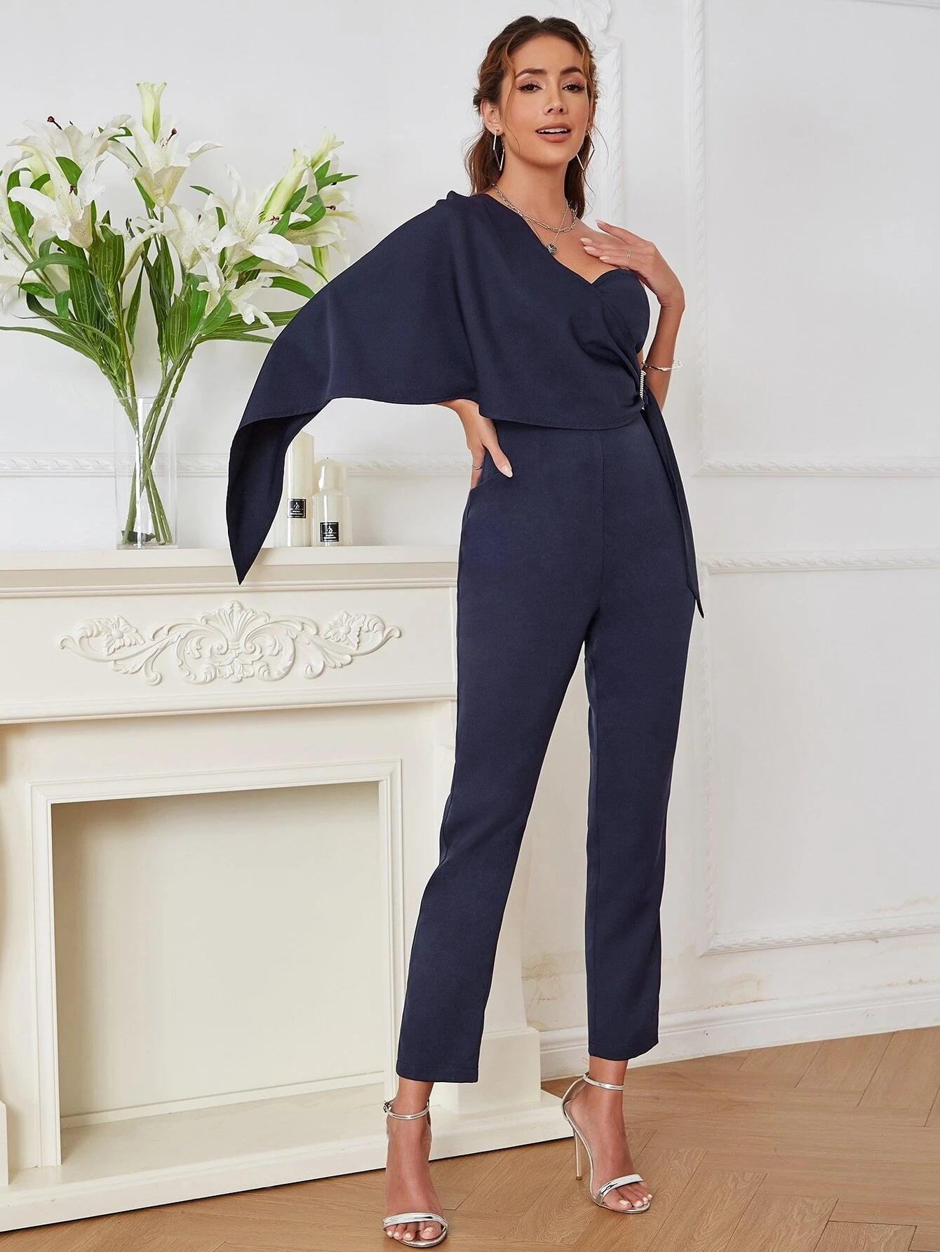One Shoulder Cloak Sleeve Buckled Side Jumpsuit-Comfy Jumpsuits