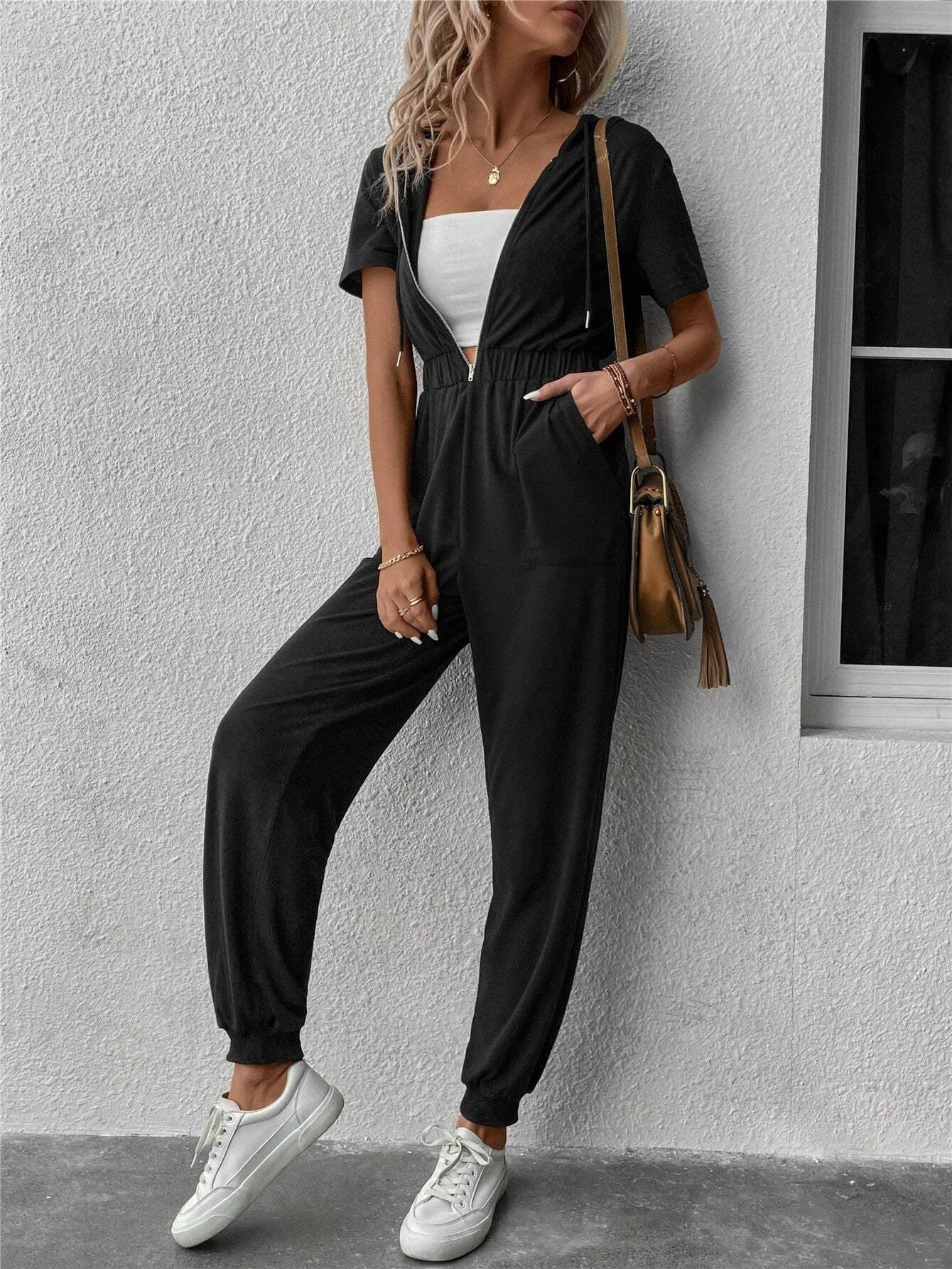 Zip Up Drawstring Hooded Jumpsuit-Comfy Jumpsuits