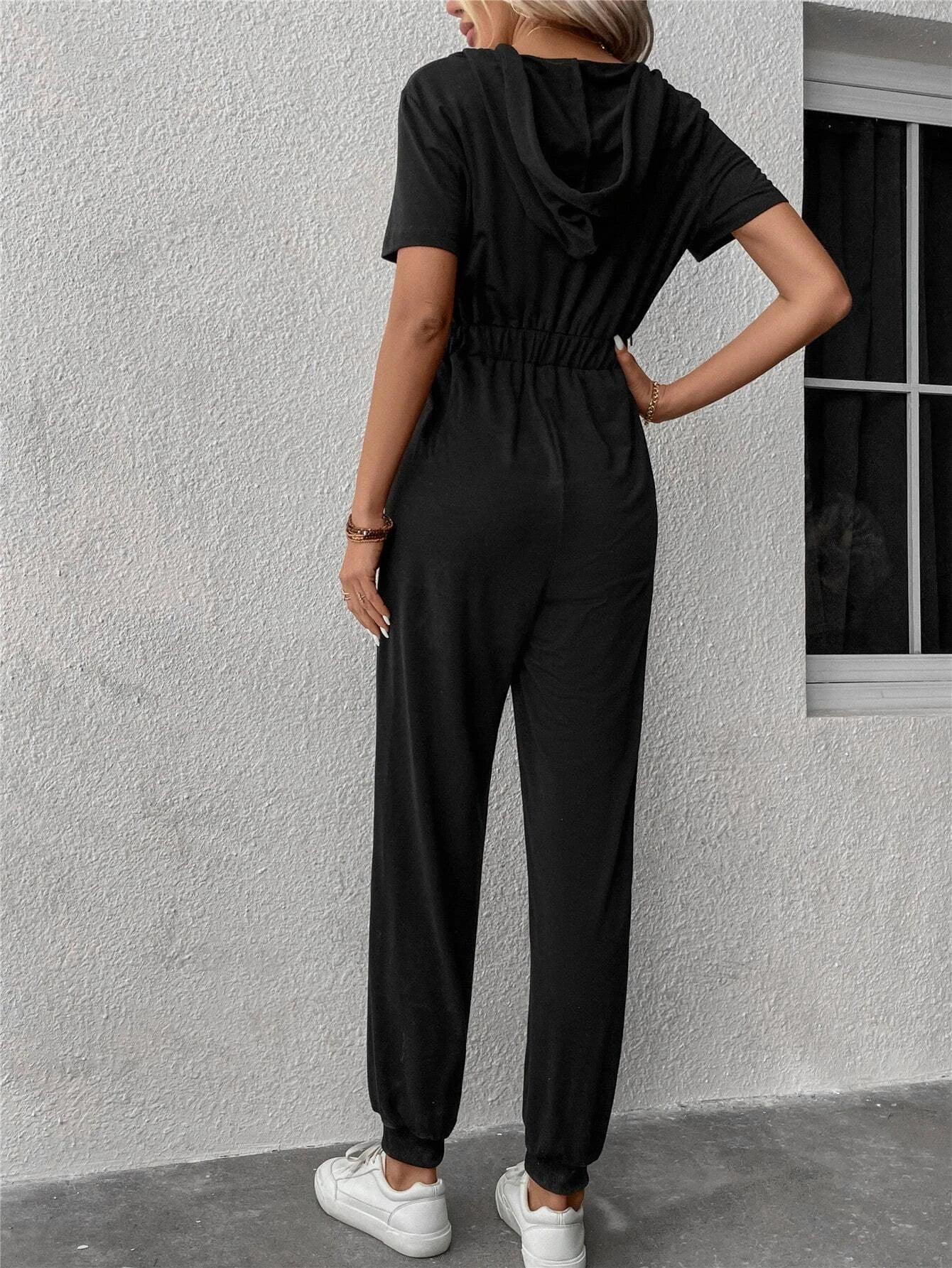 Zip Up Drawstring Hooded Jumpsuit-Comfy Jumpsuits