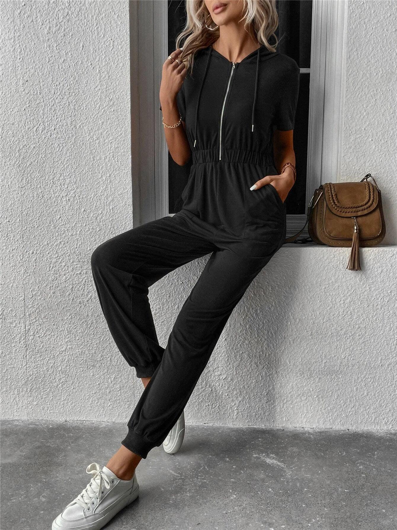 Zip Up Drawstring Hooded Jumpsuit-Comfy Jumpsuits