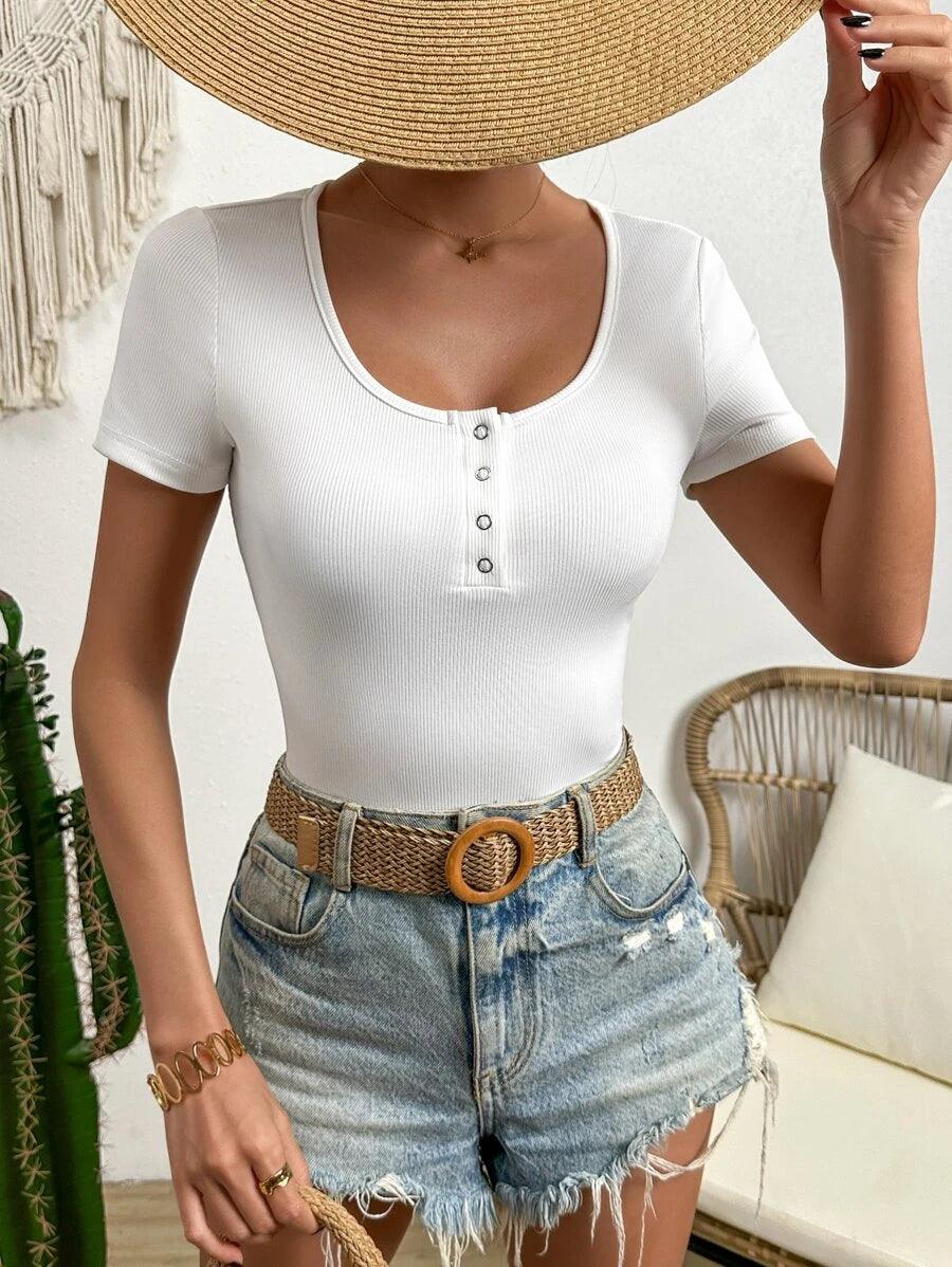 Half Button Scoop Neck Bodysuit-Comfy Jumpsuits