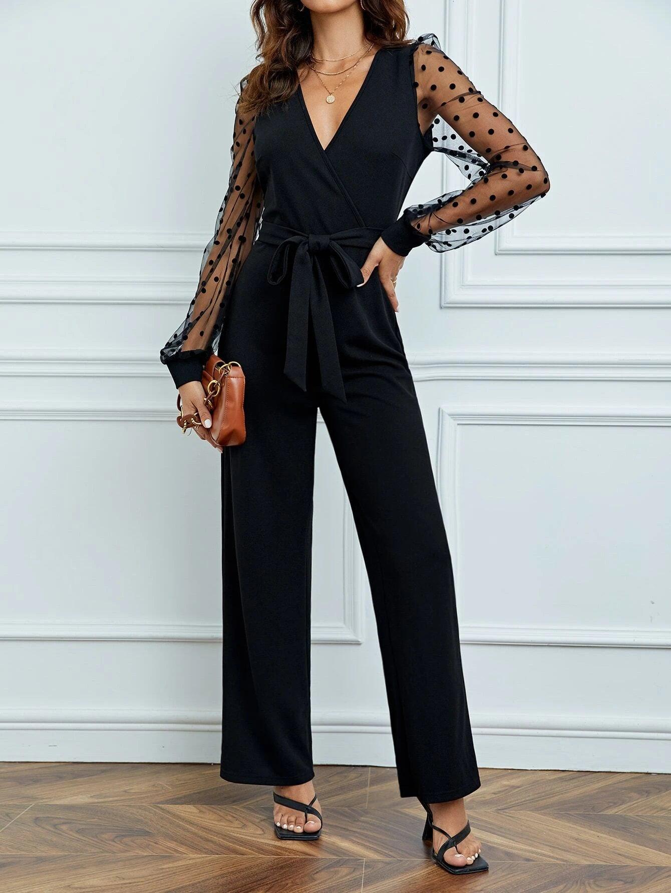 Mesh Sleeve Belted Jumpsuit-Comfy Jumpsuits