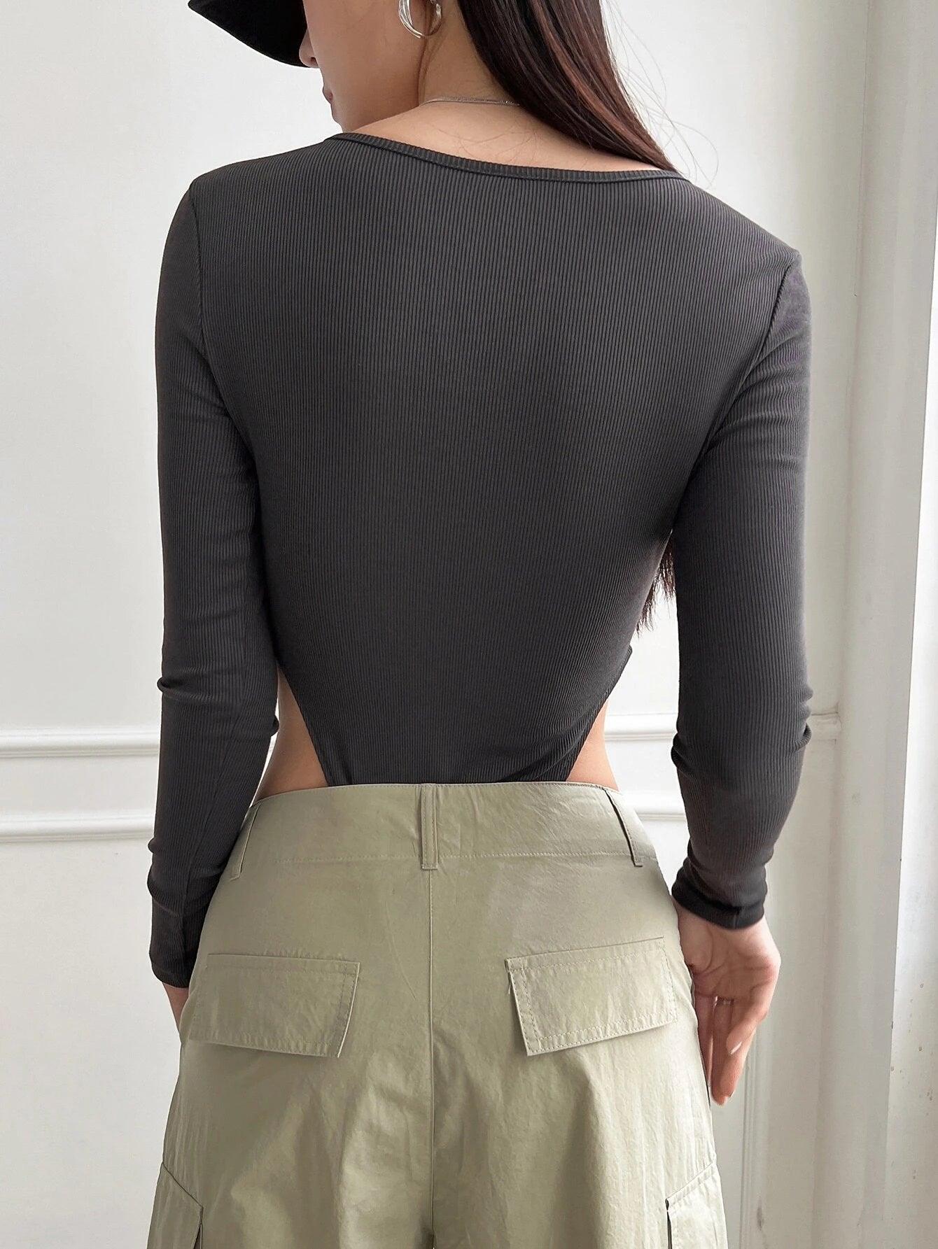 Notched Neck Long Sleeve Bodysuit-Comfy Jumpsuits