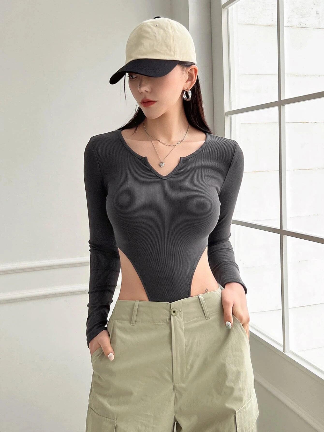 Notched Neck Long Sleeve Bodysuit-Comfy Jumpsuits