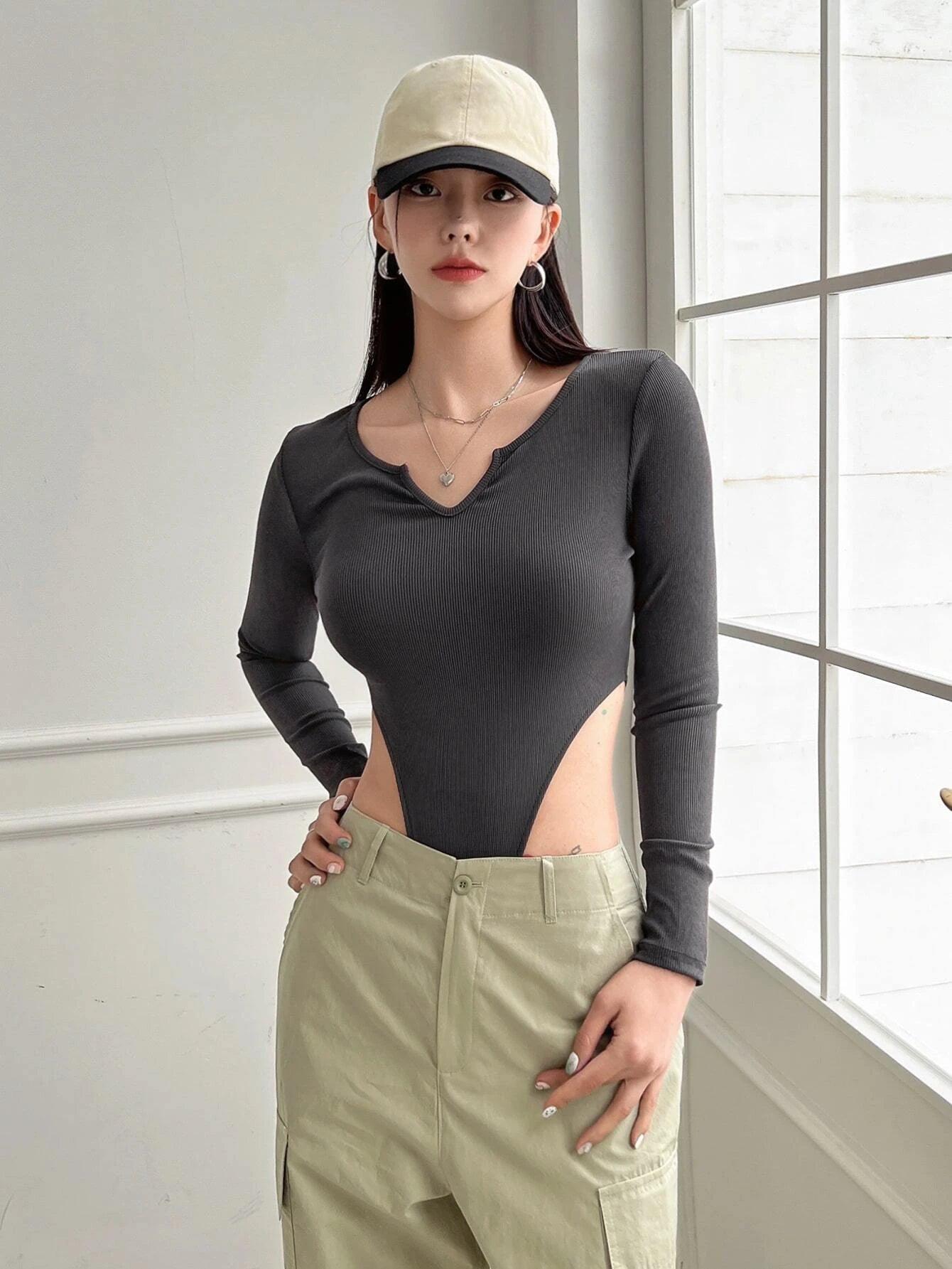 Notched Neck Long Sleeve Bodysuit-Comfy Jumpsuits