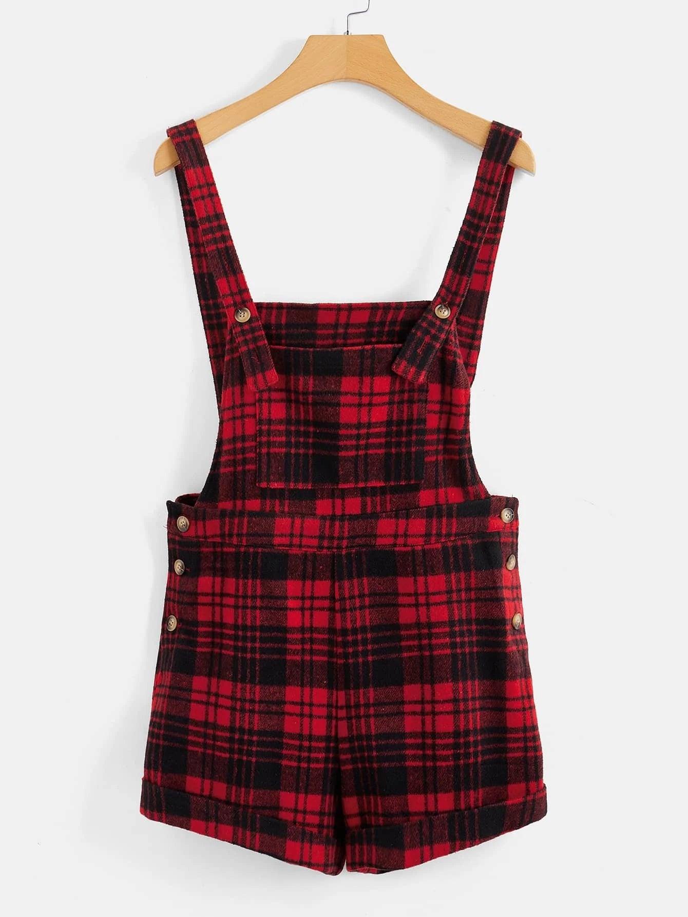 Plaid Print Overall Shorts-Comfy Jumpsuits