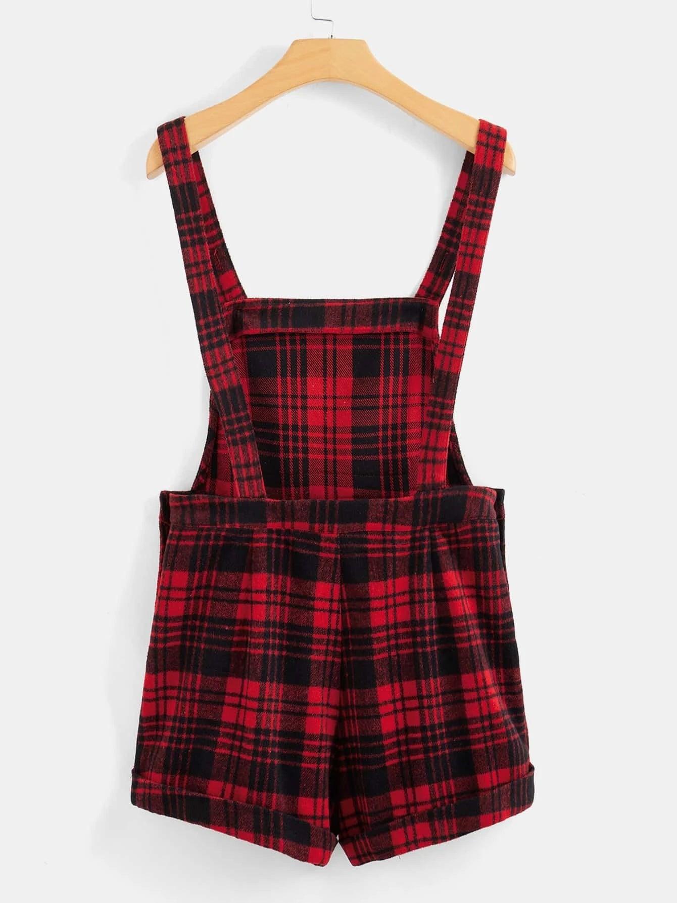 Plaid Print Overall Shorts-Comfy Jumpsuits