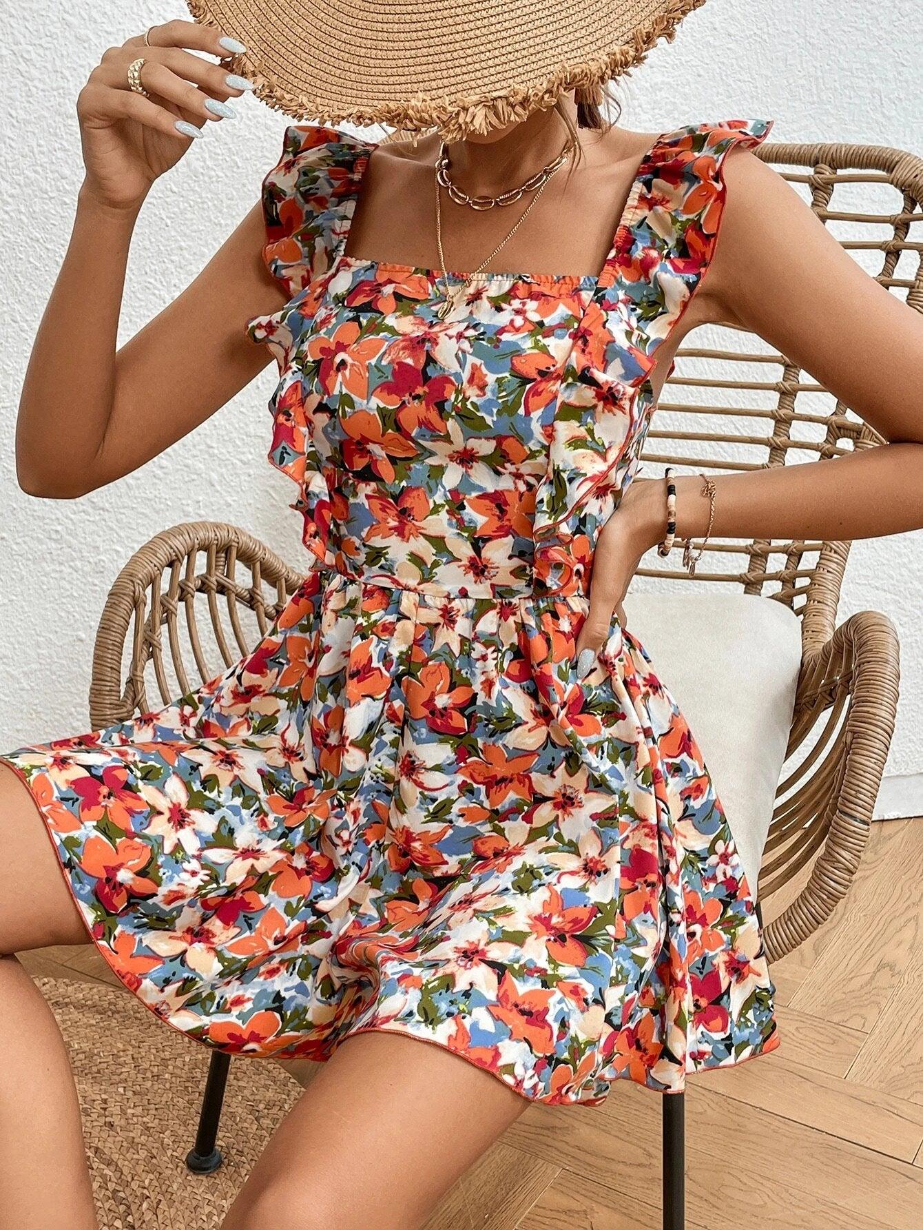 Floral Print Ruffle Trim Square Neck Romper-Comfy Jumpsuits