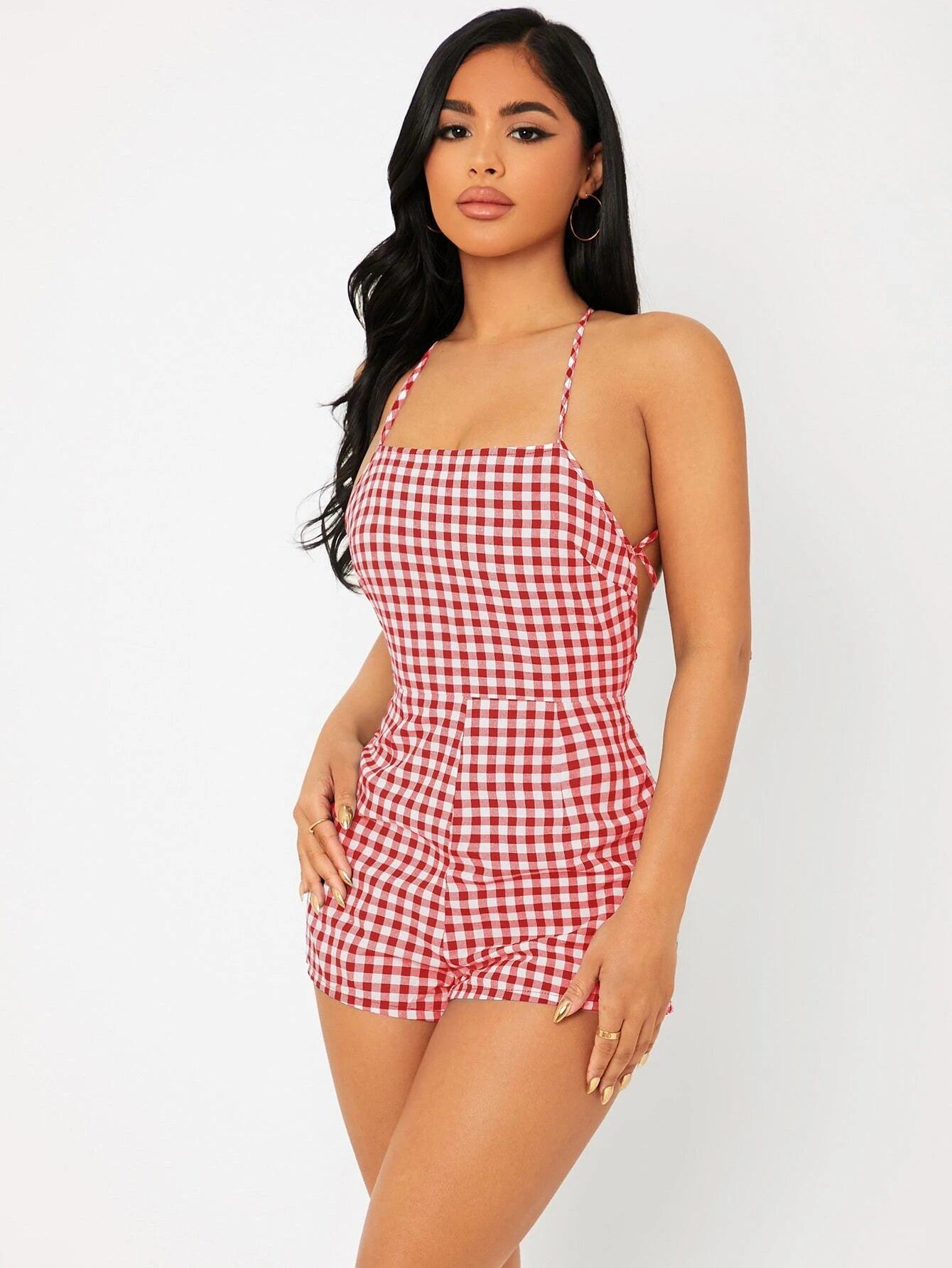 Print Lace Up Backless Slip Romper-Comfy Jumpsuits