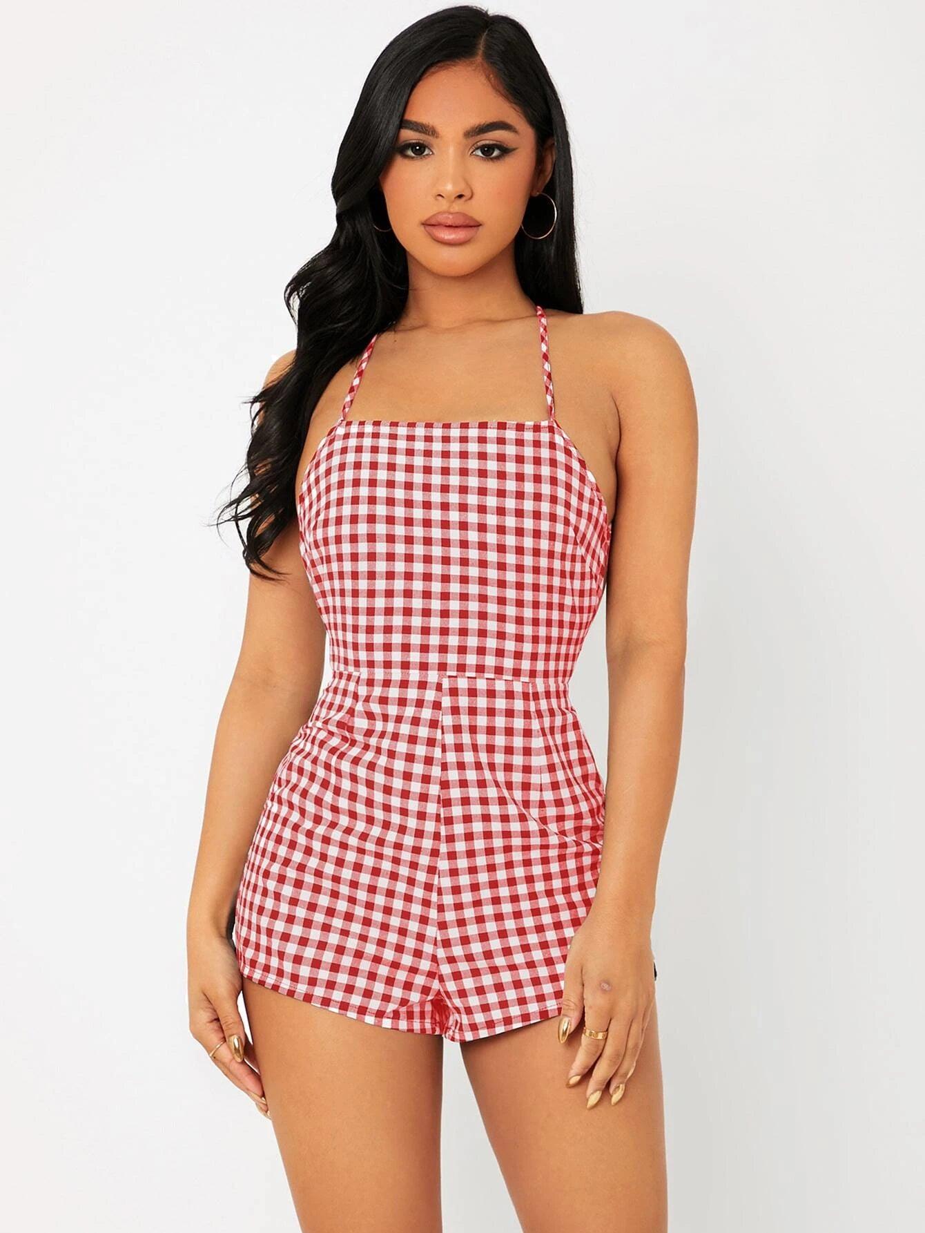 Print Lace Up Backless Slip Romper-Comfy Jumpsuits