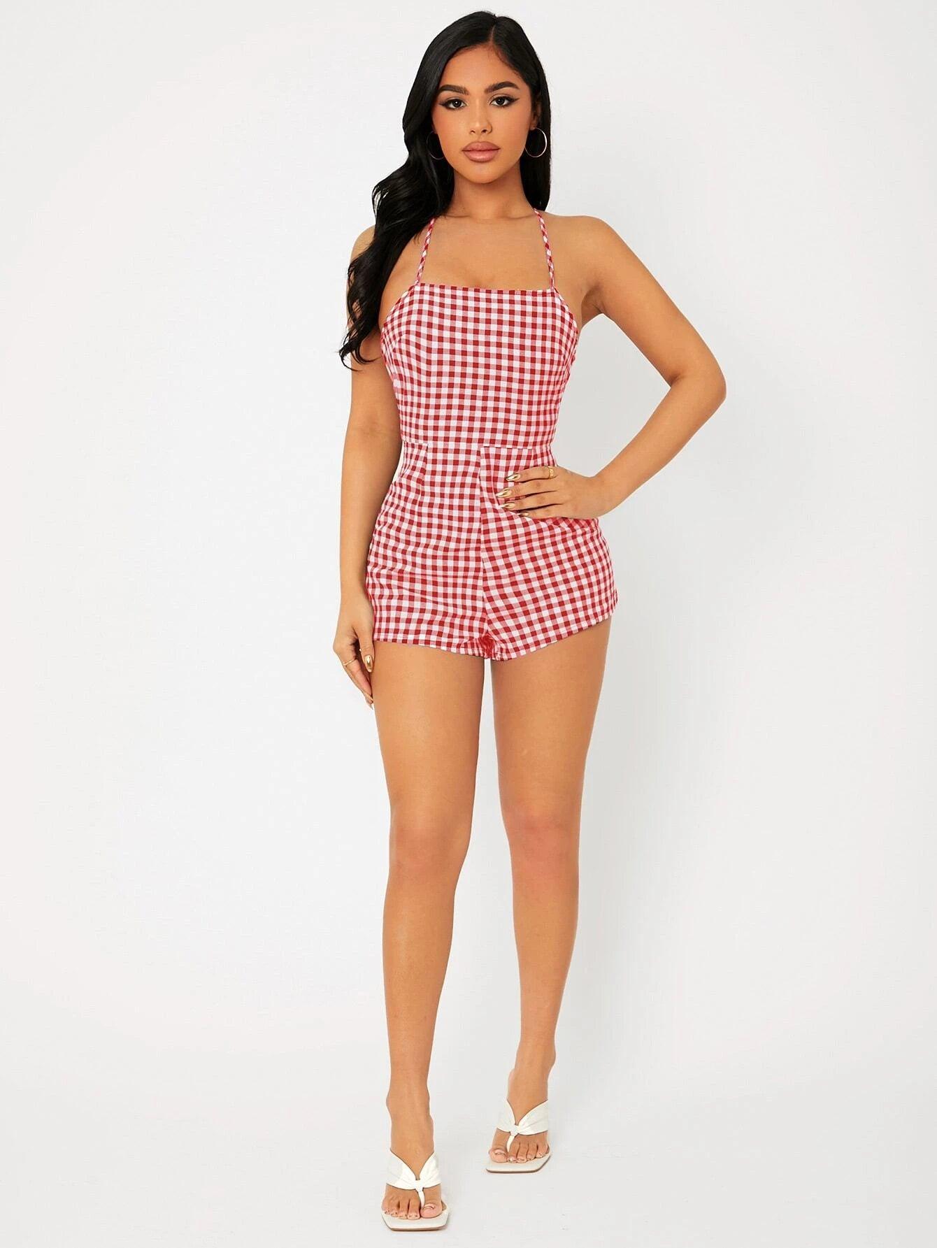 Print Lace Up Backless Slip Romper-Comfy Jumpsuits