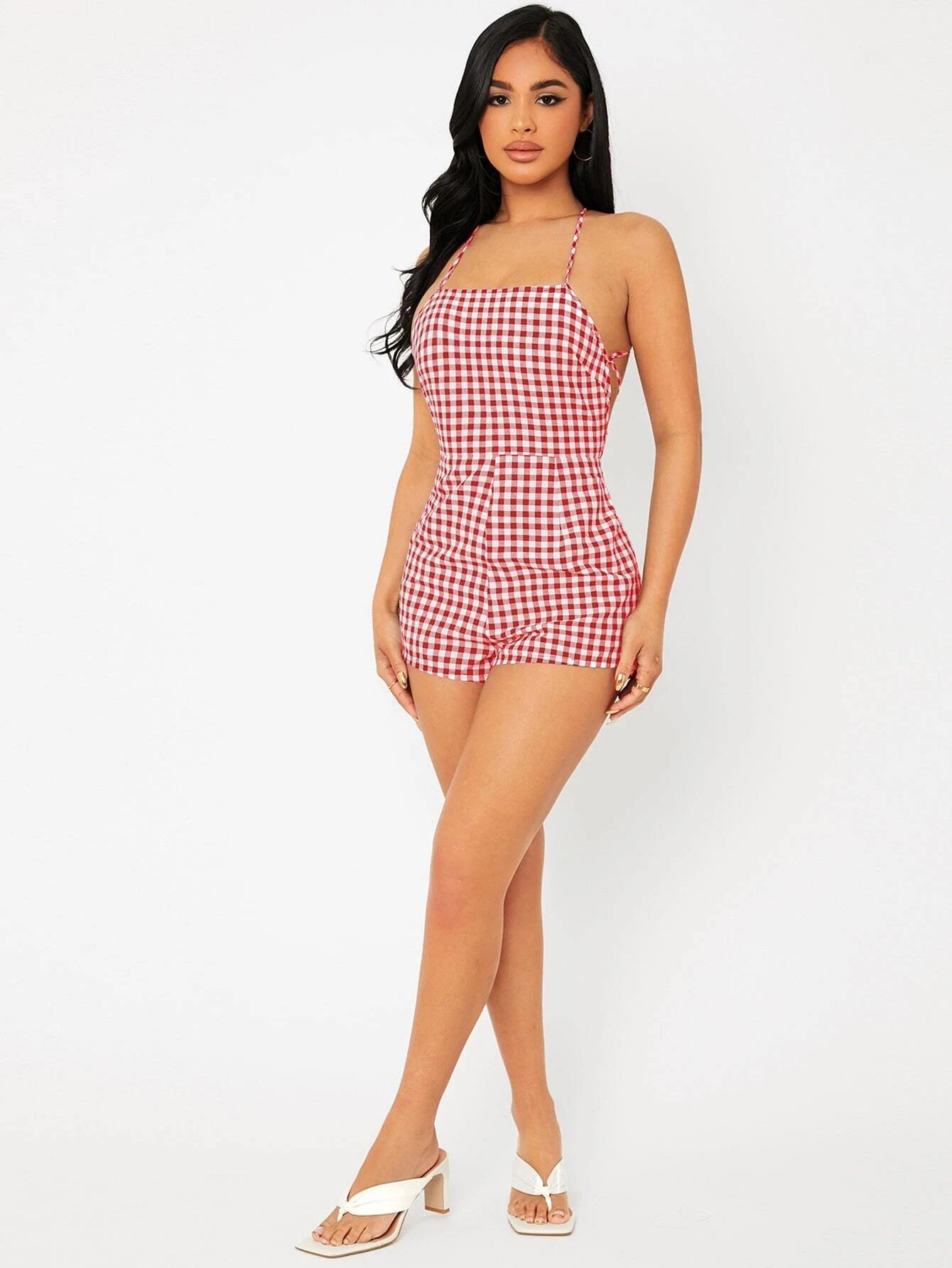 Print Lace Up Backless Slip Romper-Comfy Jumpsuits