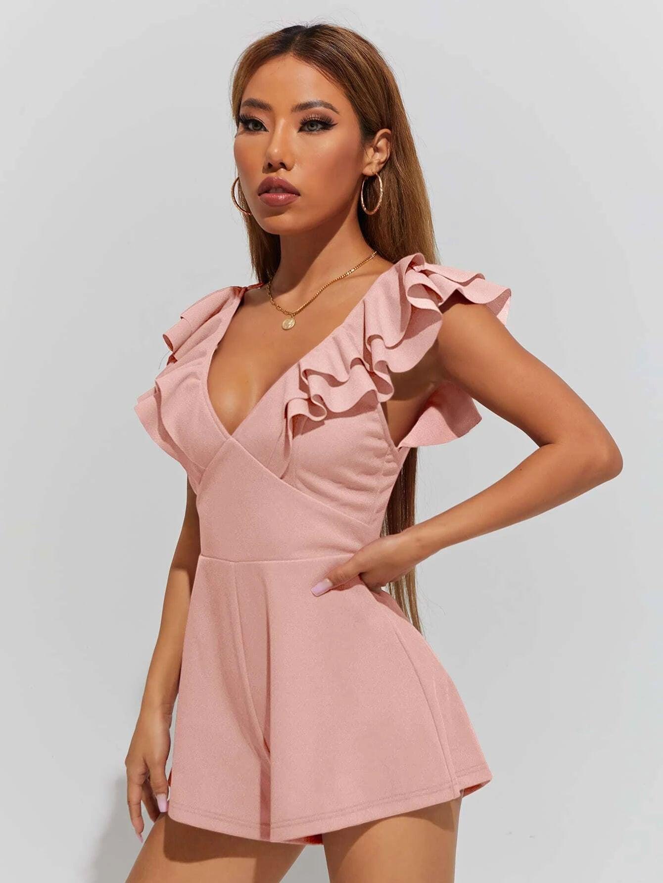 V Neck Ruffle Trim Crisscross Back Romper-Comfy Jumpsuits