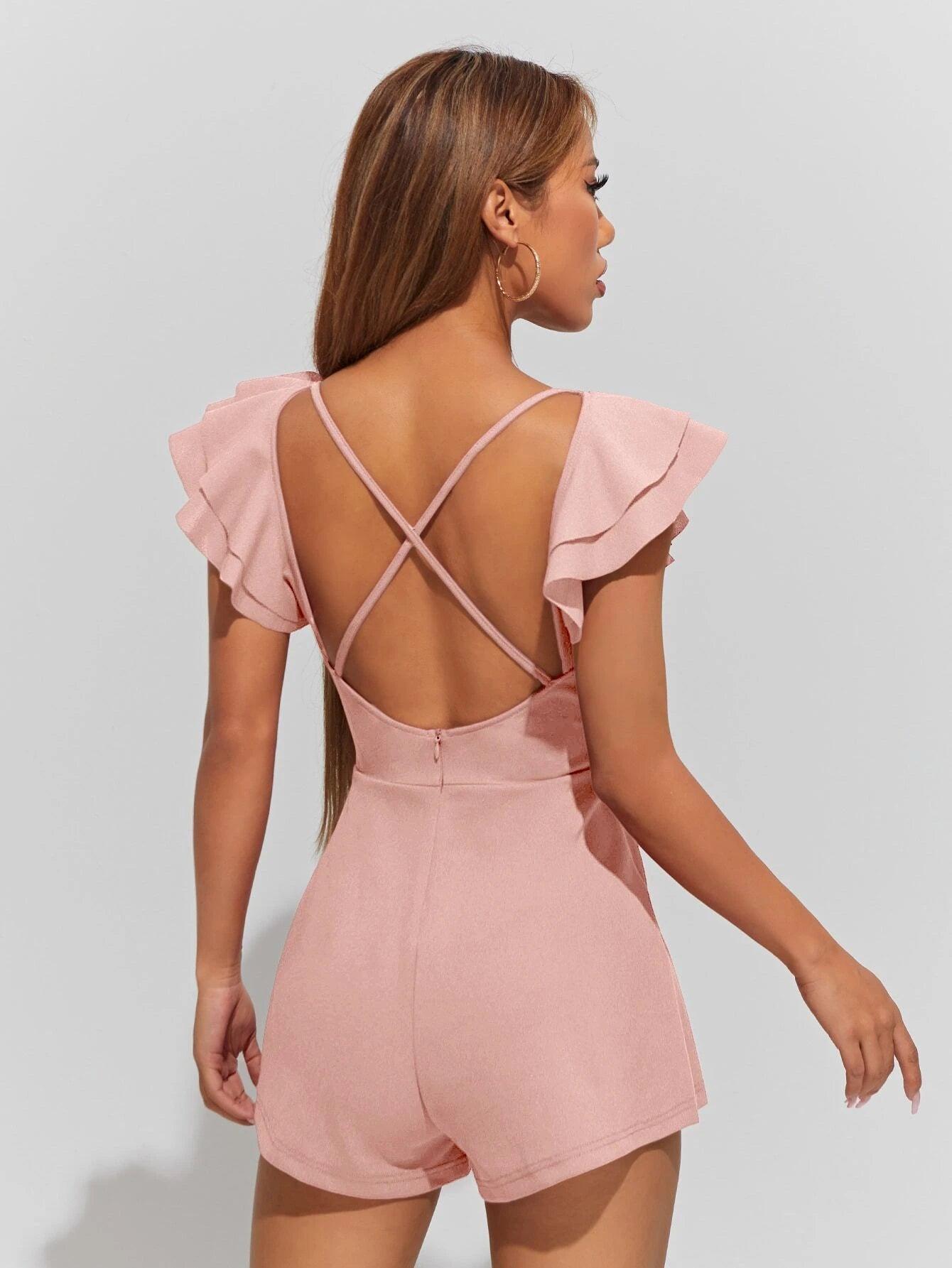 V Neck Ruffle Trim Crisscross Back Romper-Comfy Jumpsuits