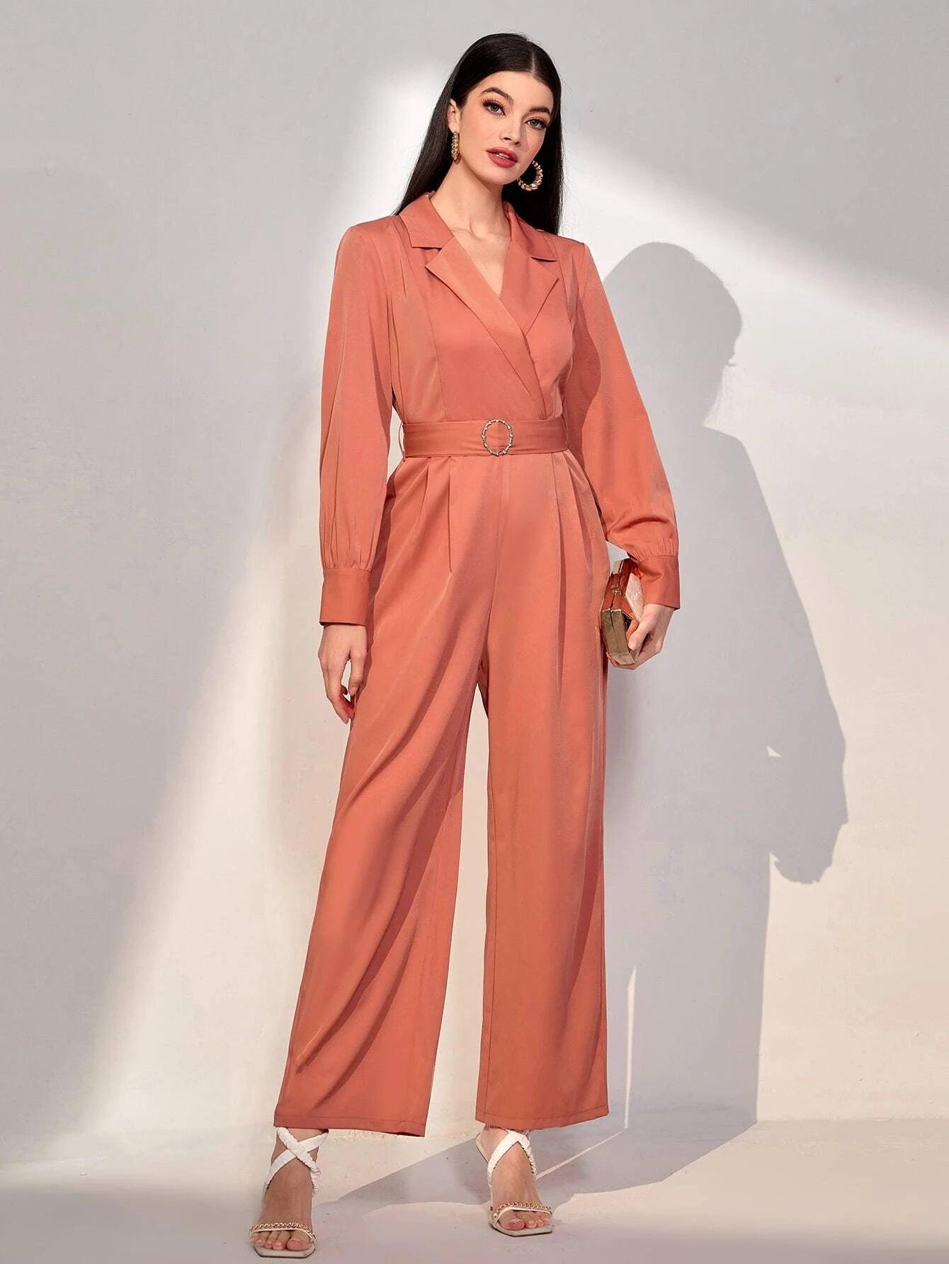 Lapel Neck Belted Wide Leg Jumpsuit-Comfy Jumpsuits