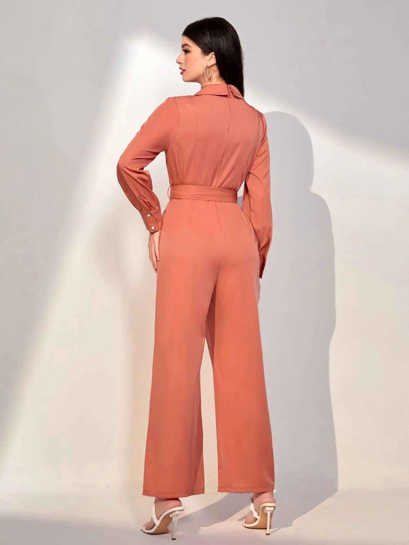 Lapel Neck Belted Wide Leg Jumpsuit-Comfy Jumpsuits