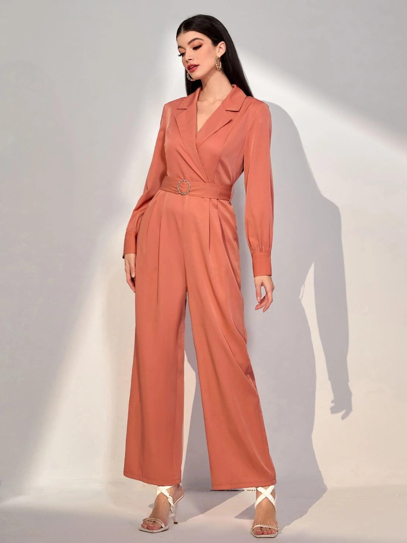 Lapel Neck Belted Wide Leg Jumpsuit-Comfy Jumpsuits
