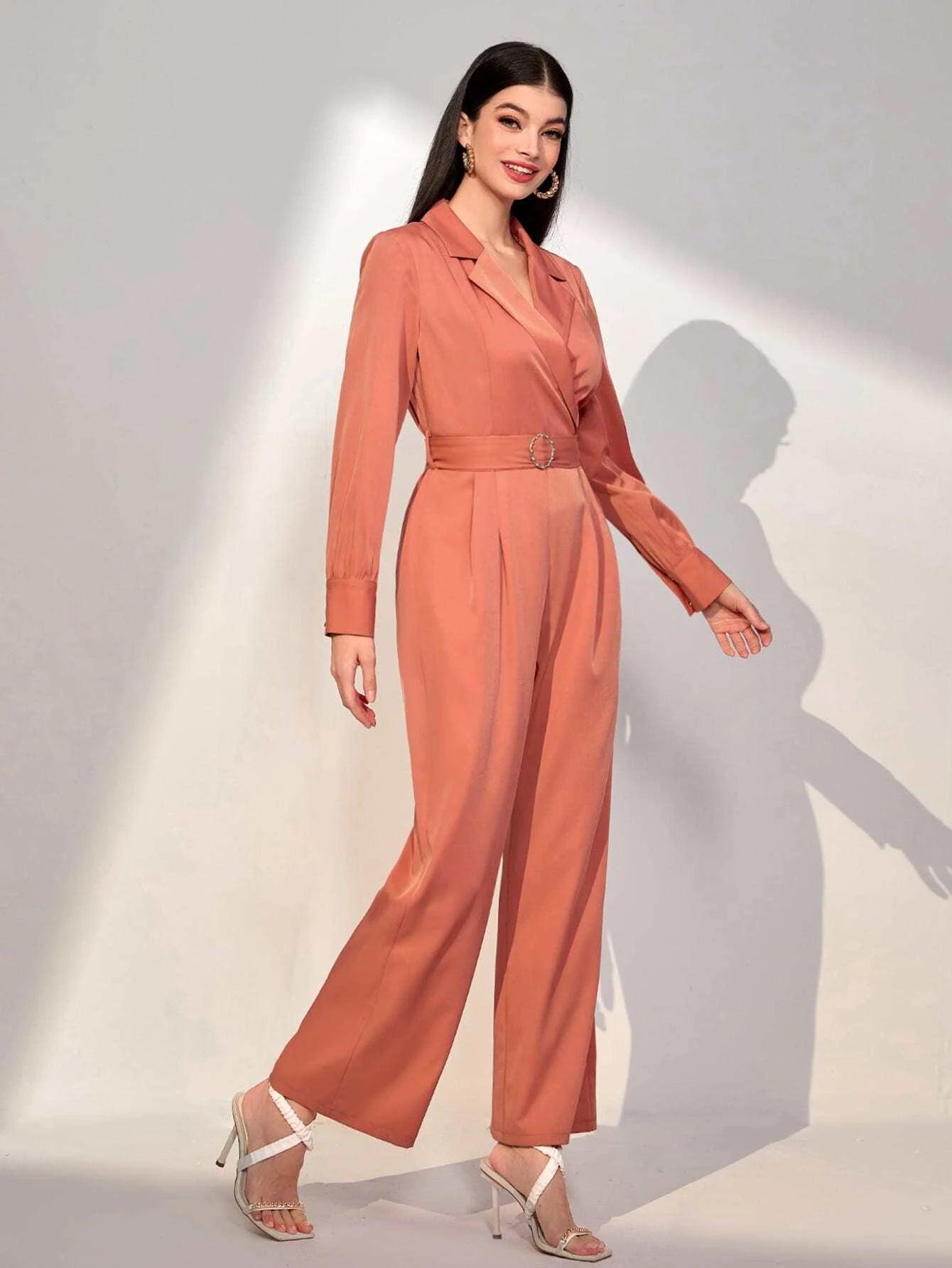Lapel Neck Belted Wide Leg Jumpsuit-Comfy Jumpsuits