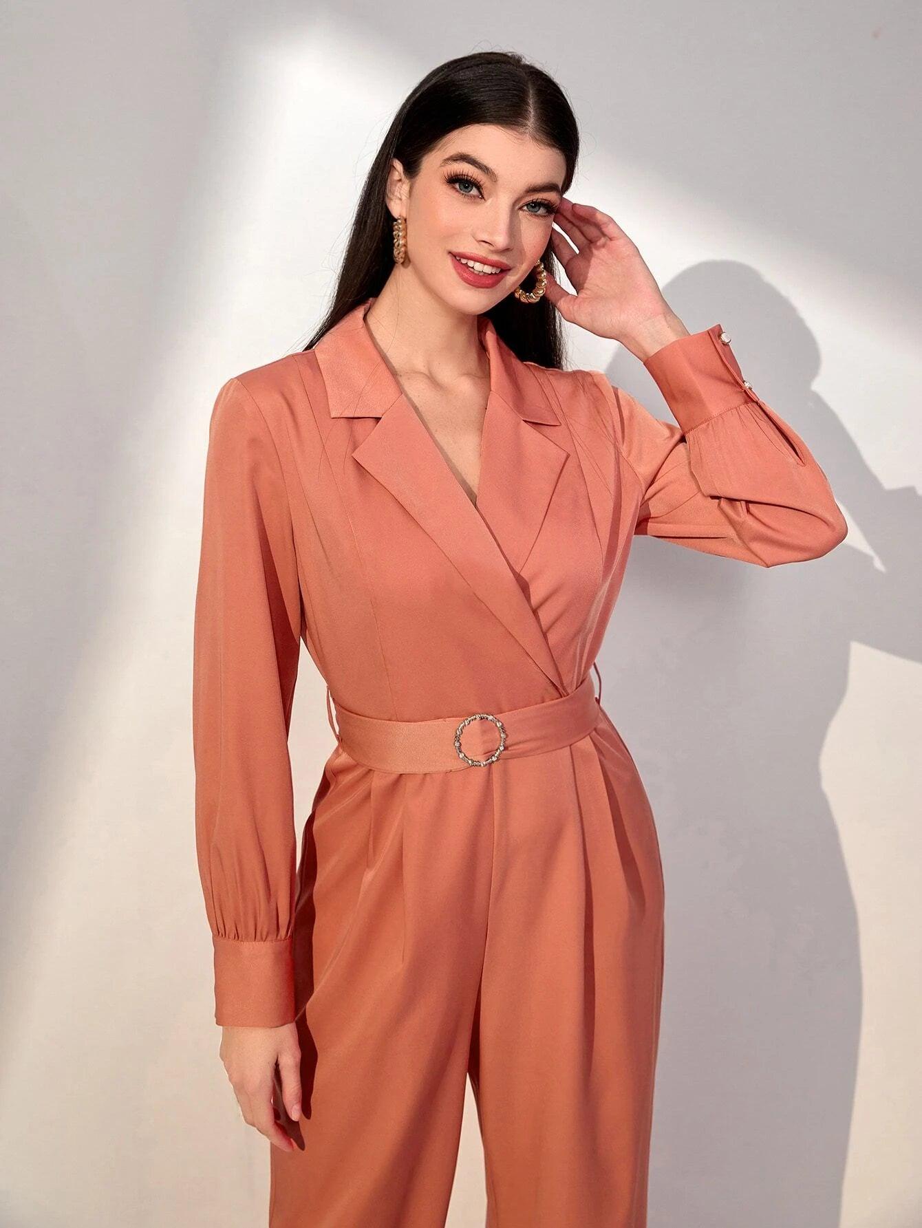 Lapel Neck Belted Wide Leg Jumpsuit-Comfy Jumpsuits