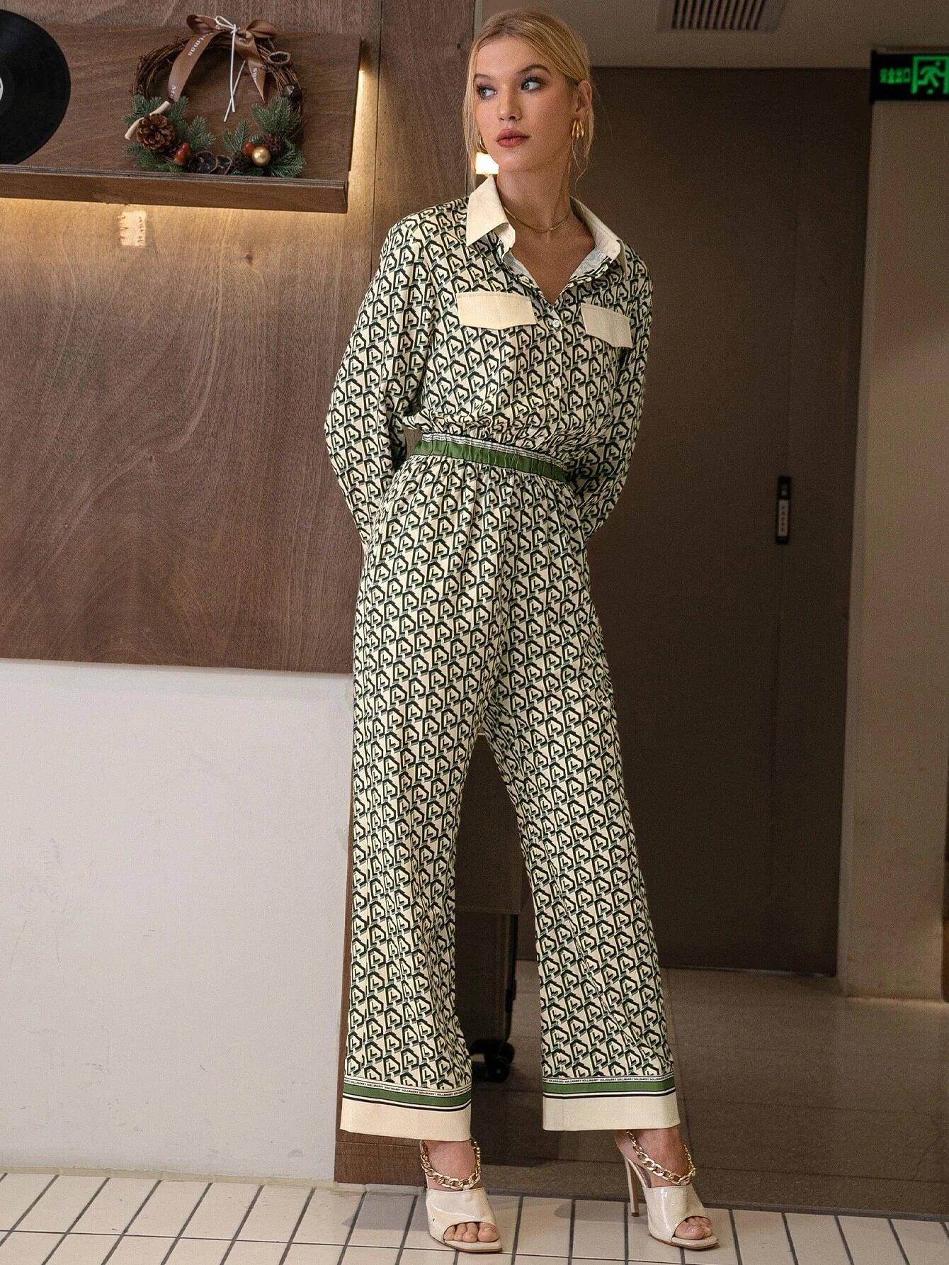 Allover Print Flap Detail Shirt Jumpsuit-Comfy Jumpsuits