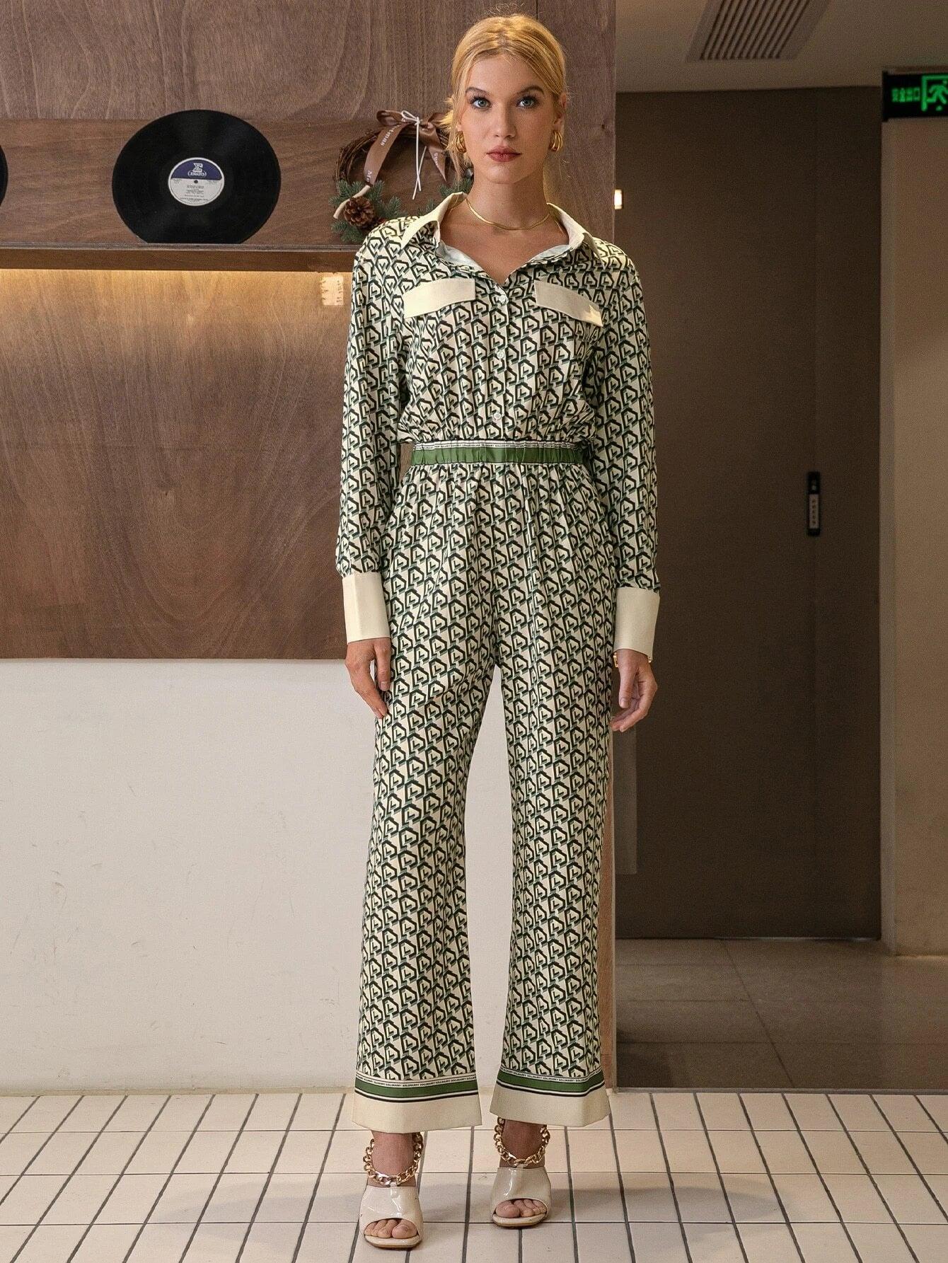 Allover Print Flap Detail Shirt Jumpsuit-Comfy Jumpsuits