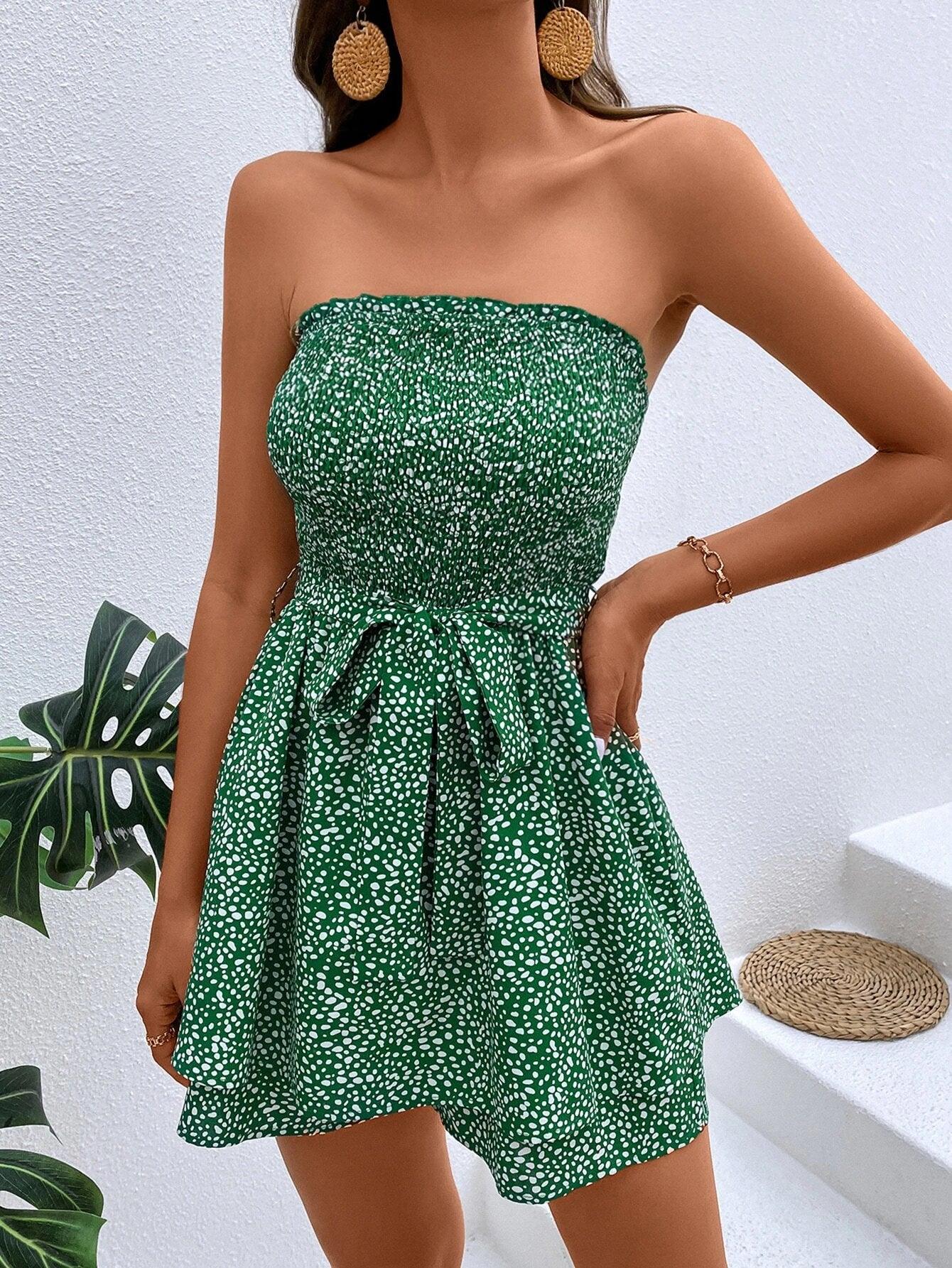 Allover Print Shirred Belted Strapless Romper-Comfy Jumpsuits
