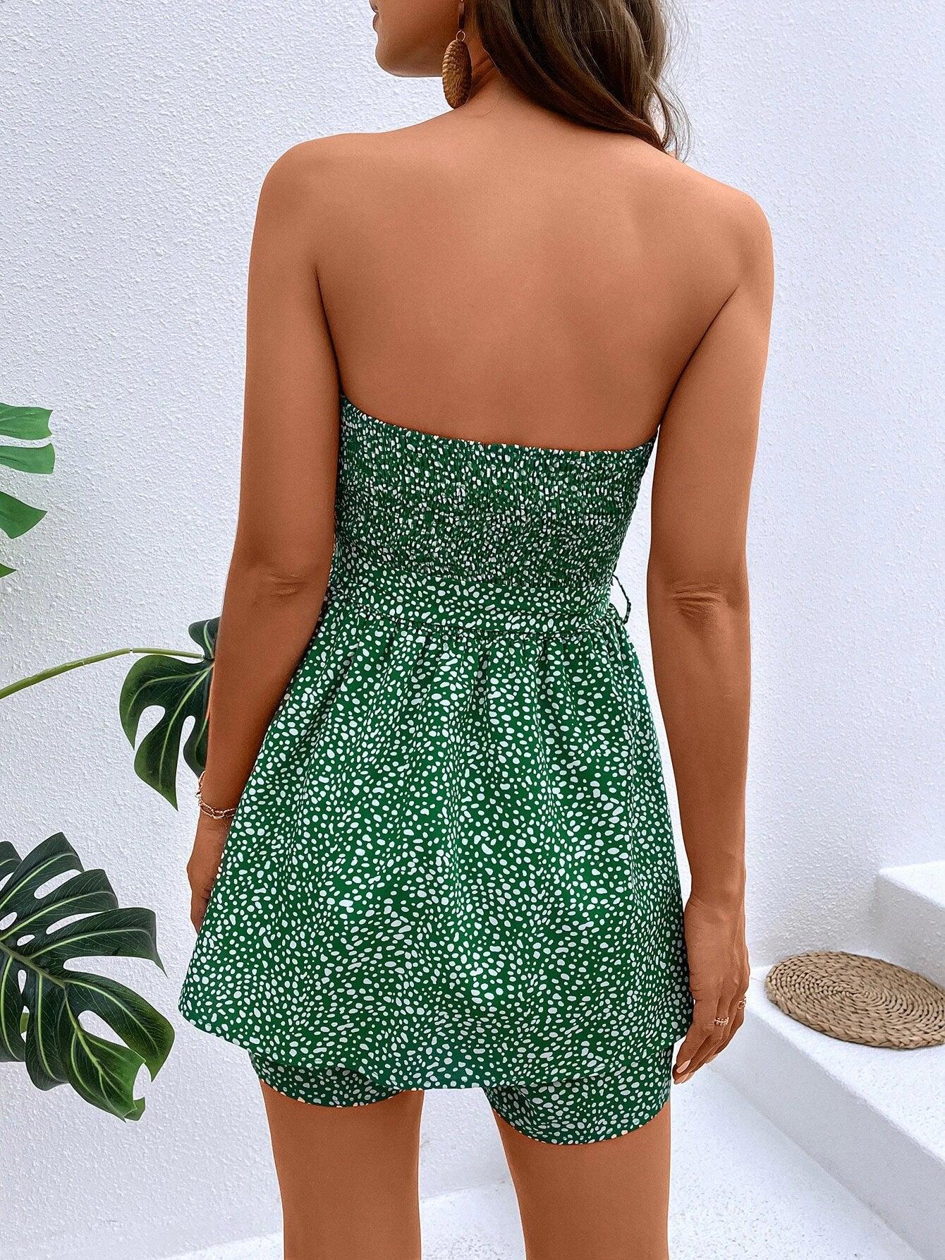 Allover Print Shirred Belted Strapless Romper-Comfy Jumpsuits