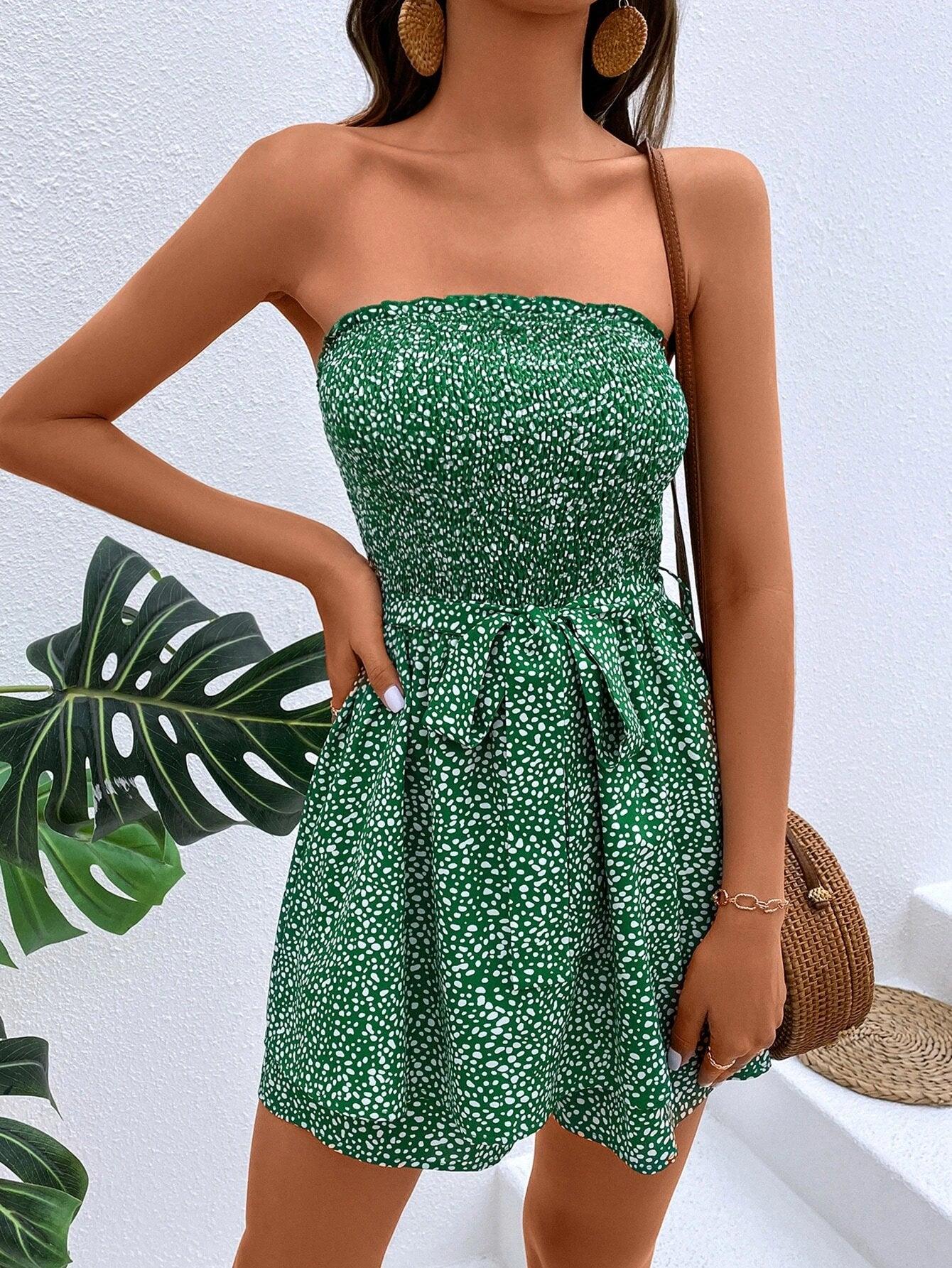 Allover Print Shirred Belted Strapless Romper-Comfy Jumpsuits
