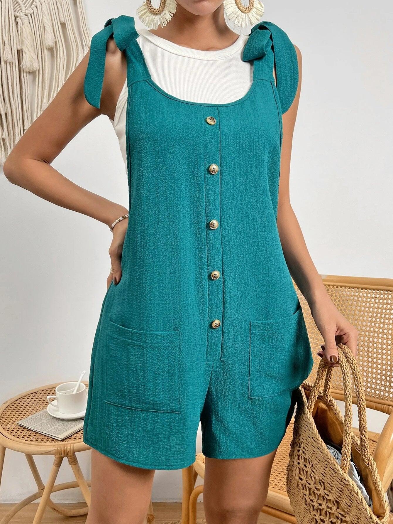 Tie Shoulder Button Front Romper-Comfy Jumpsuits