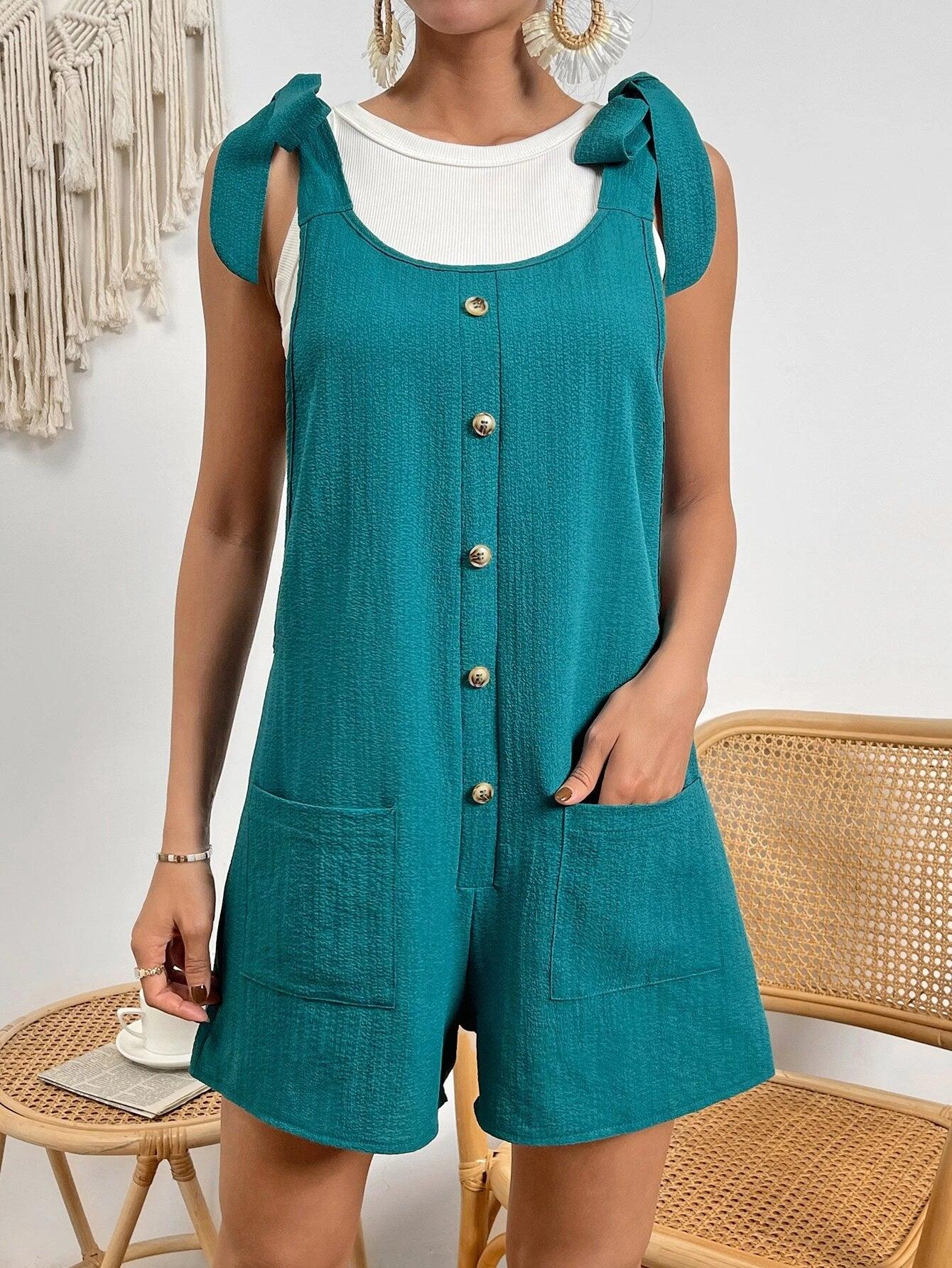 Tie Shoulder Button Front Romper-Comfy Jumpsuits