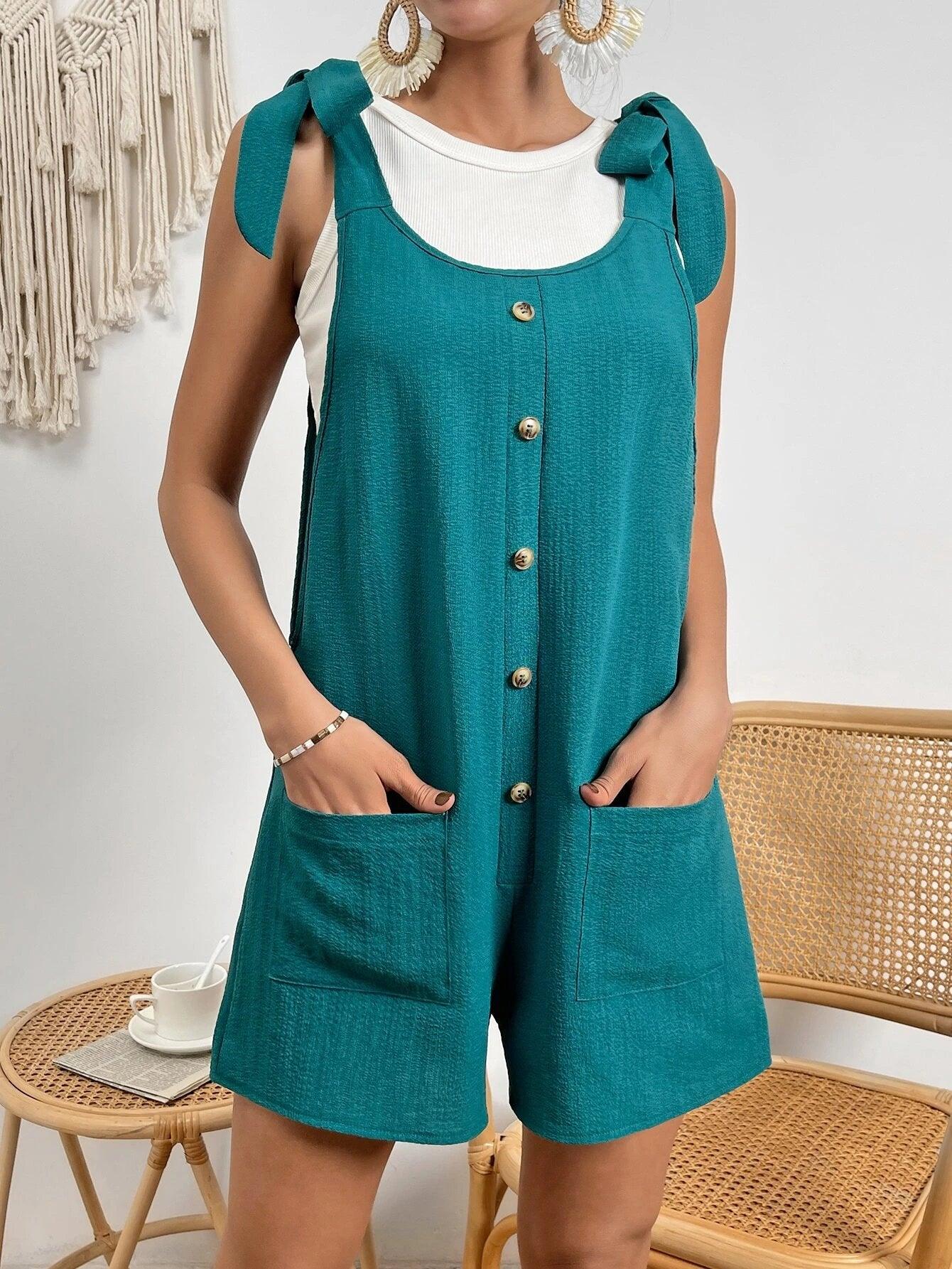 Tie Shoulder Button Front Romper-Comfy Jumpsuits