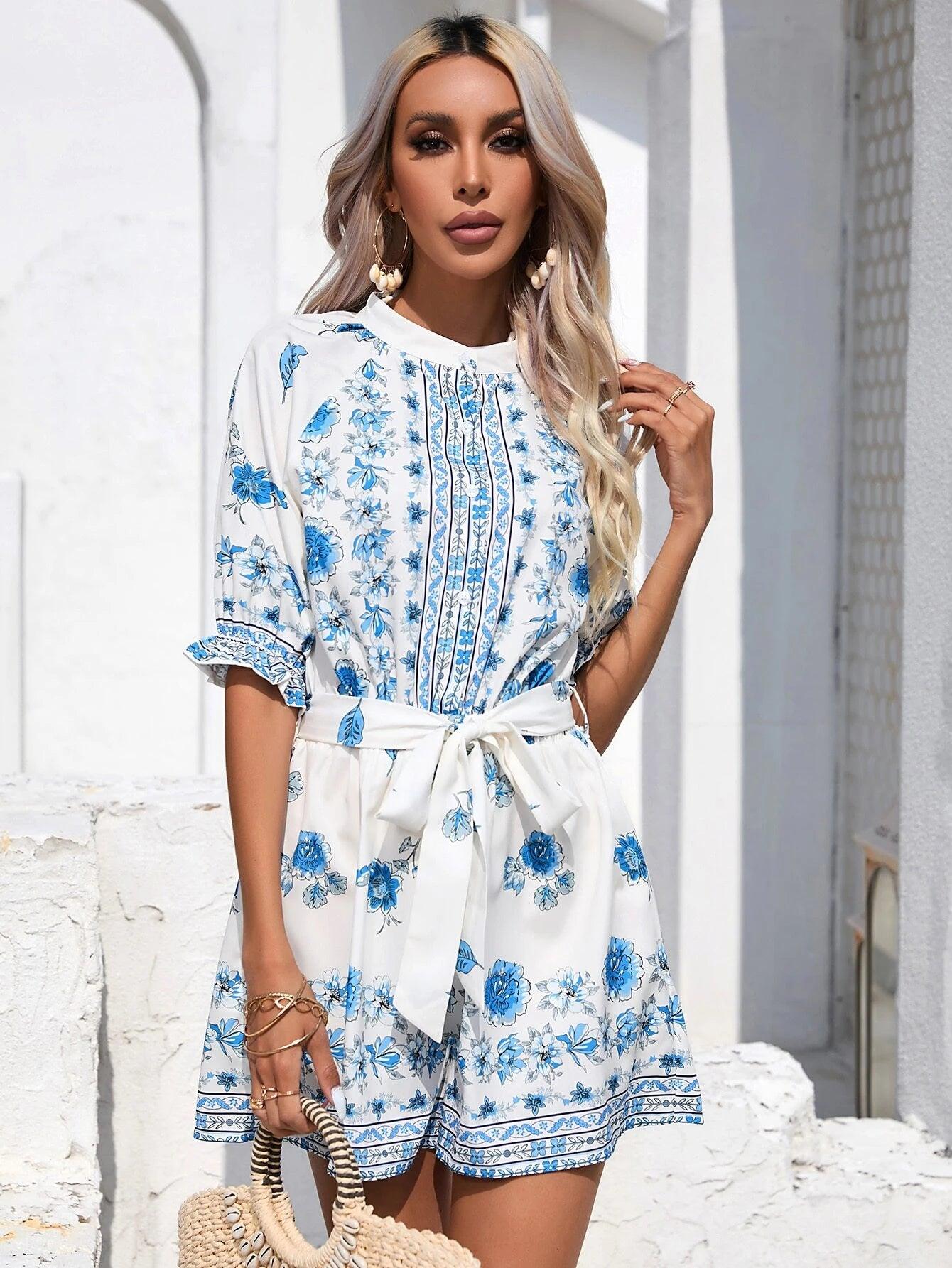 Floral Print Belted Romper-Comfy Jumpsuits