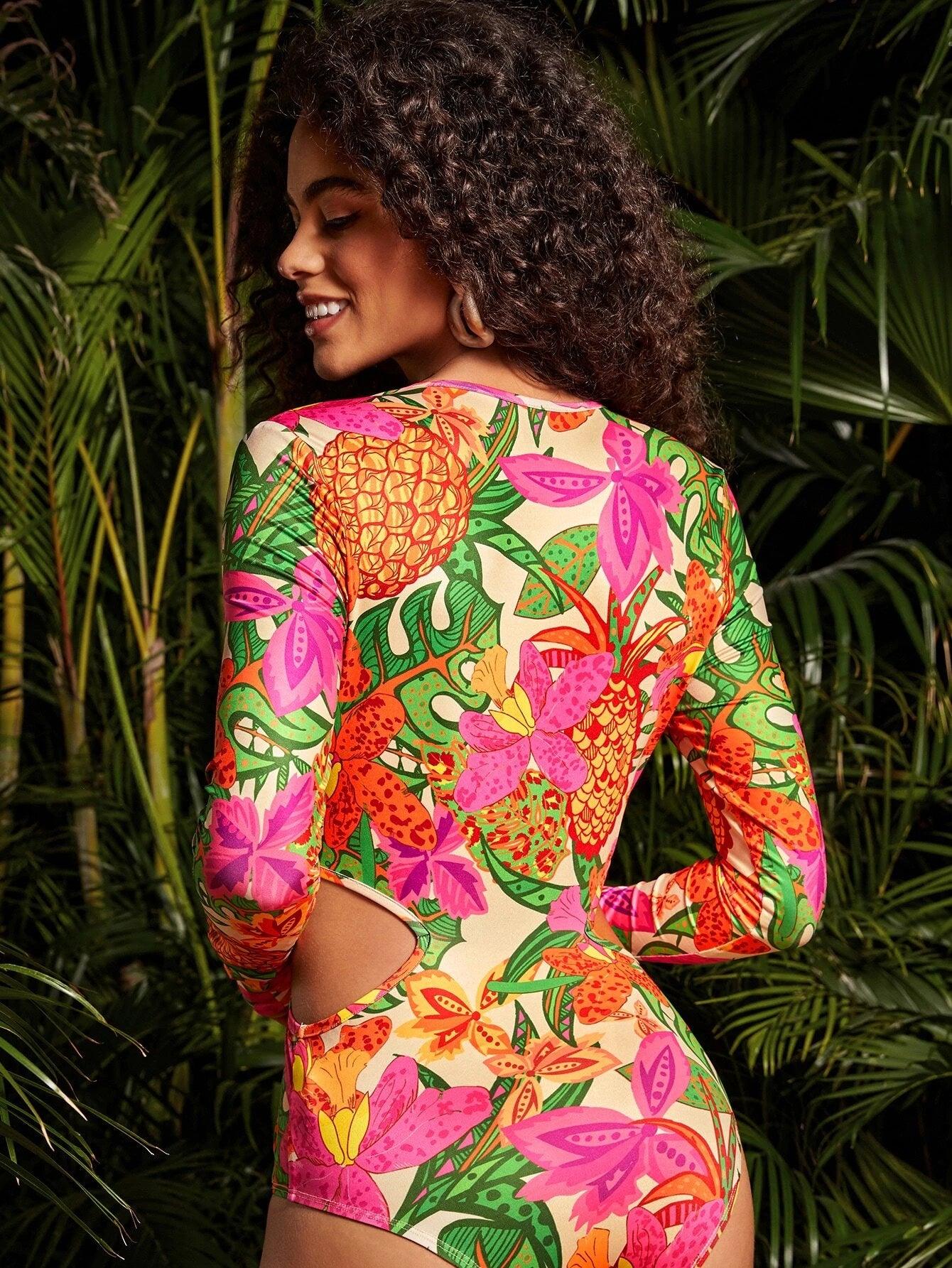 Tropical Print Cut Out Waist Bodysuit-Comfy Jumpsuits