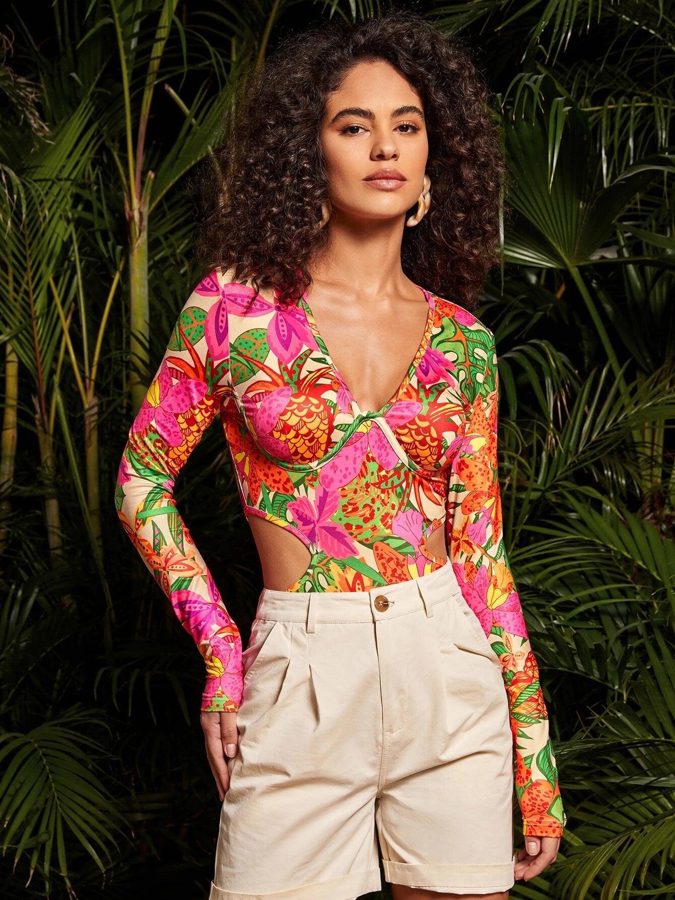 Tropical Print Cut Out Waist Bodysuit-Comfy Jumpsuits