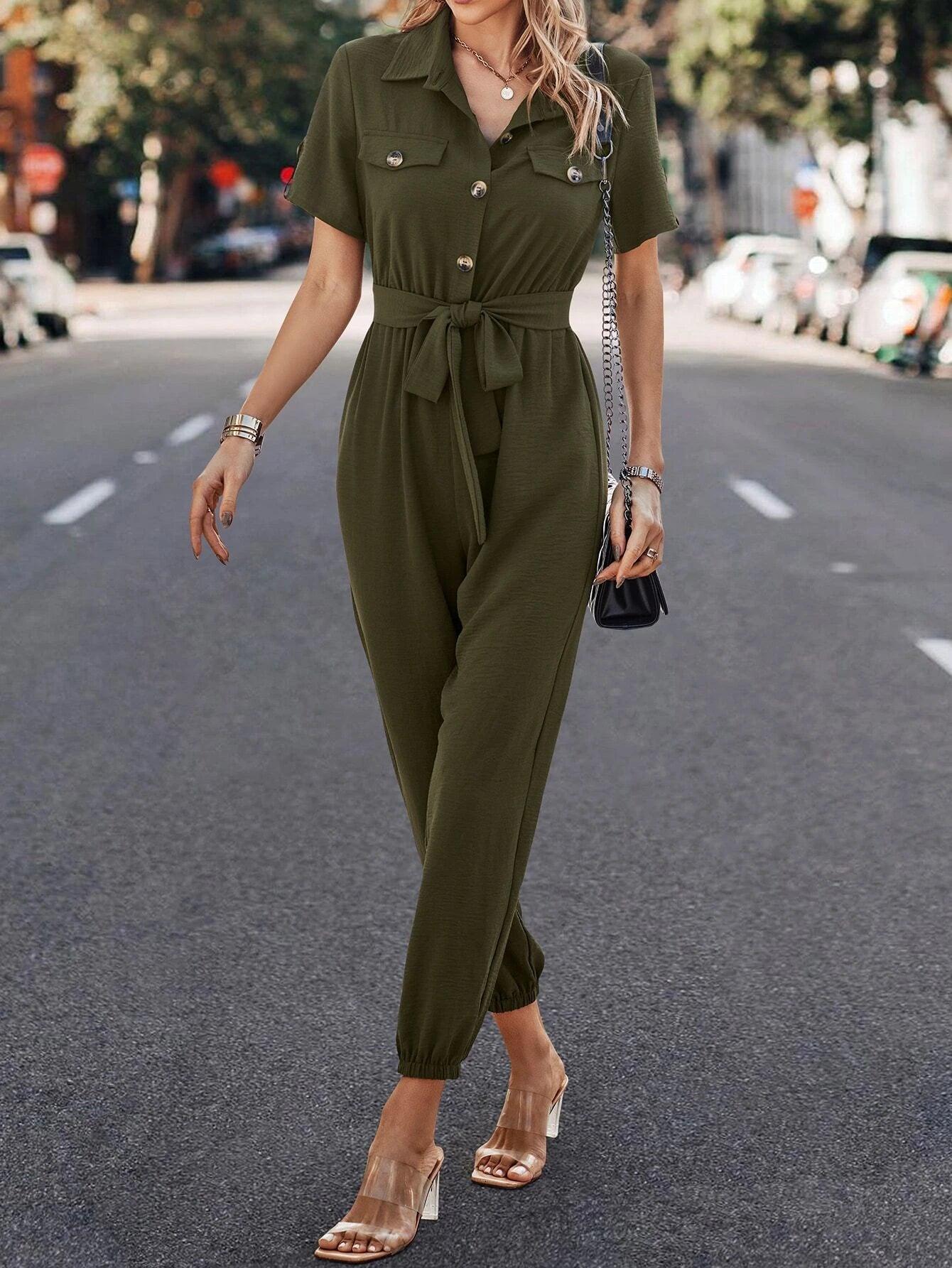 Plain Belted Shirt Jumpsuit-Comfy Jumpsuits