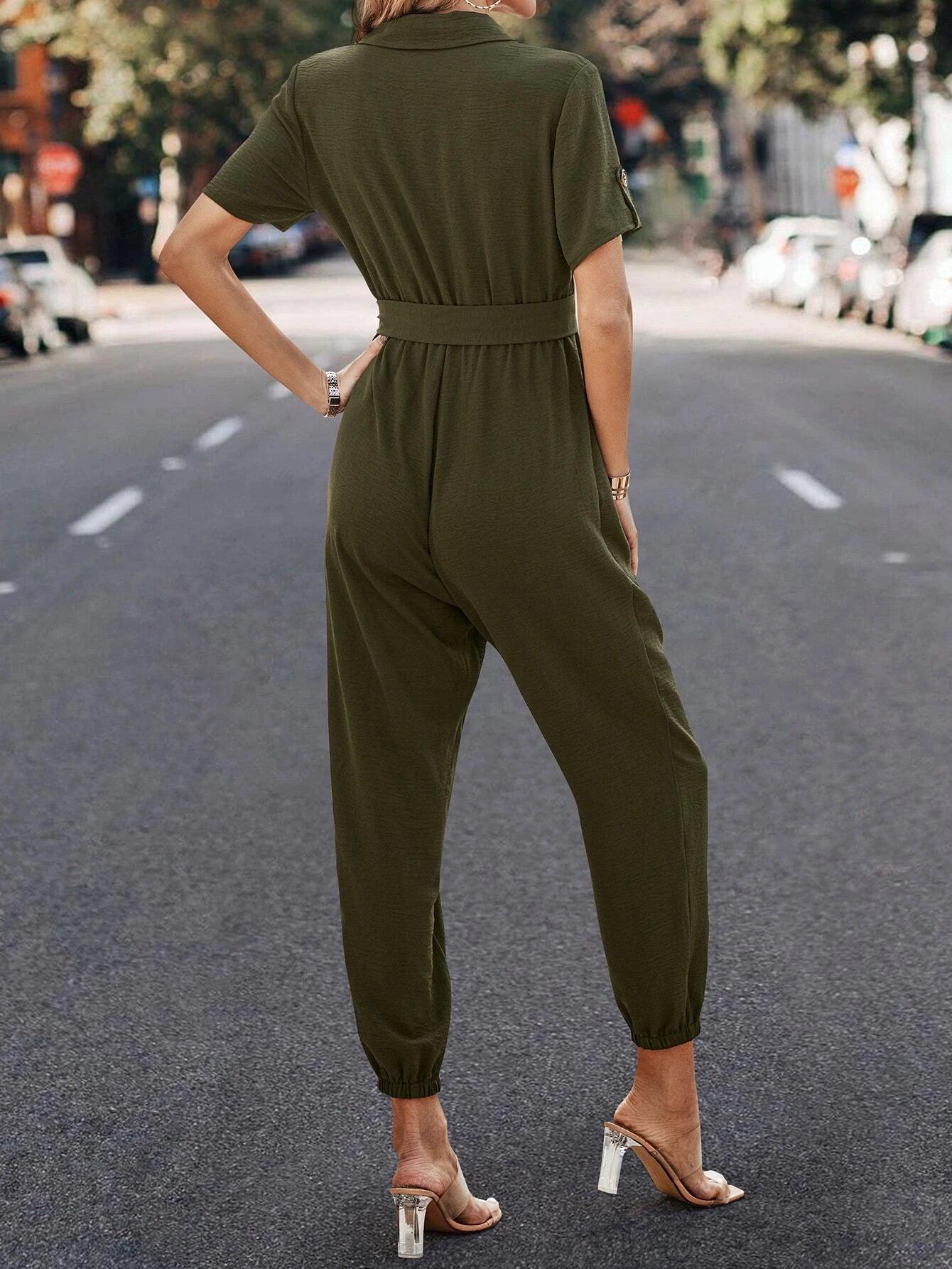 Plain Belted Shirt Jumpsuit-Comfy Jumpsuits